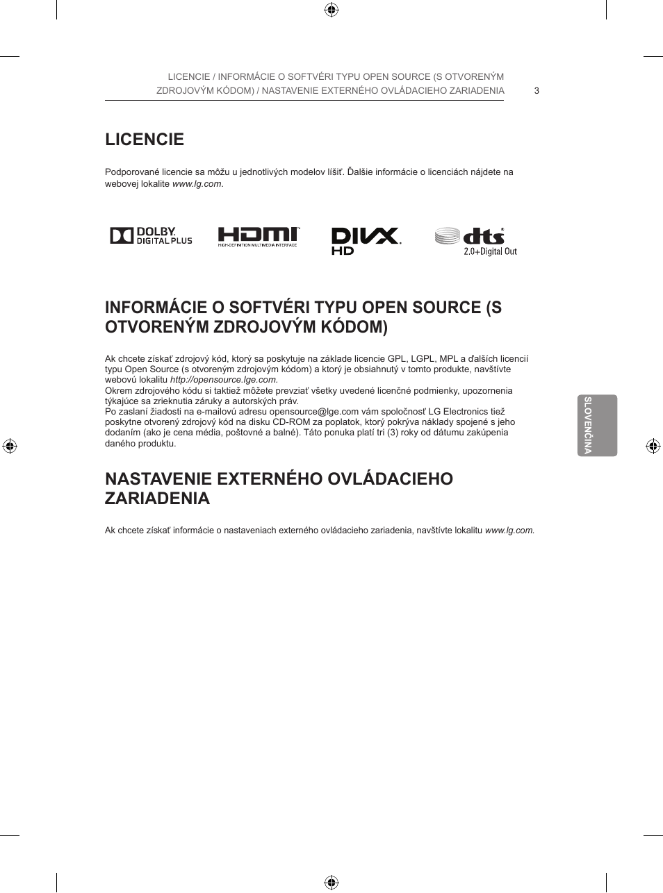 Licencie, Nastavenie externého ovládacieho zariadenia | LG 65LB730V User Manual | Page 197 / 332