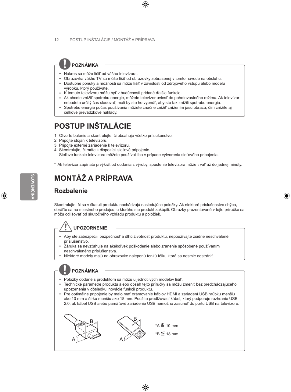 Postup inštalácie, Montáž a príprava, Rozbalenie | LG 65LB730V User Manual | Page 206 / 332