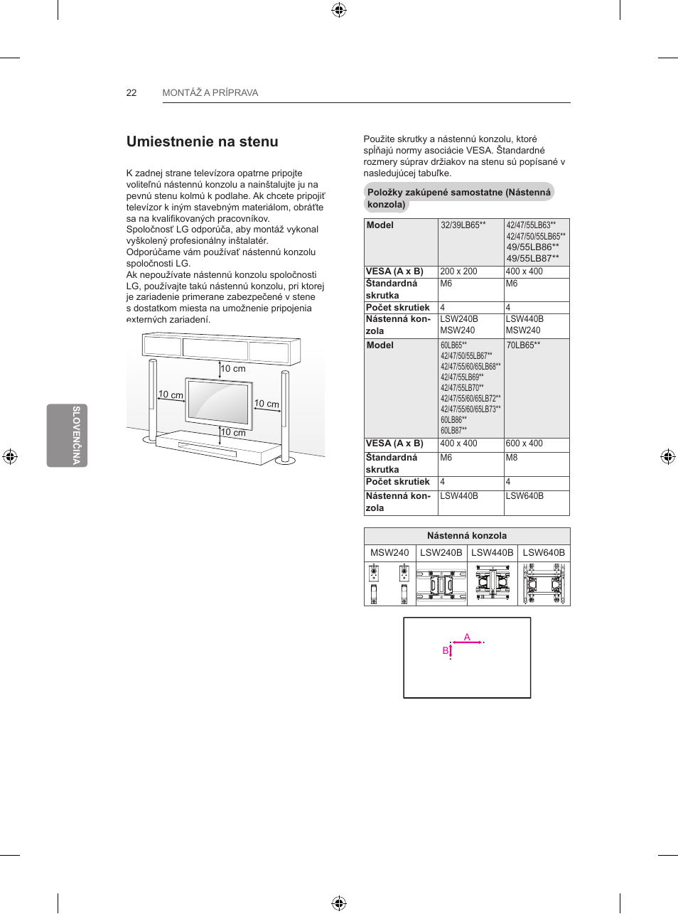 Umiestnenie na stenu | LG 65LB730V User Manual | Page 216 / 332