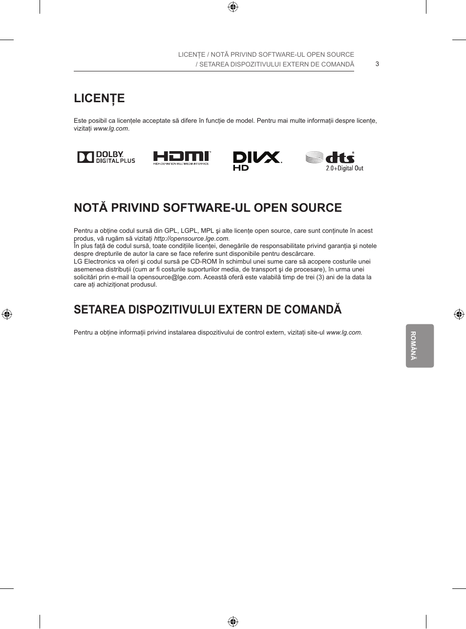 Licenţe, Notă privind software-ul open source, Setarea dispozitivului extern de comandă | LG 65LB730V User Manual | Page 229 / 332