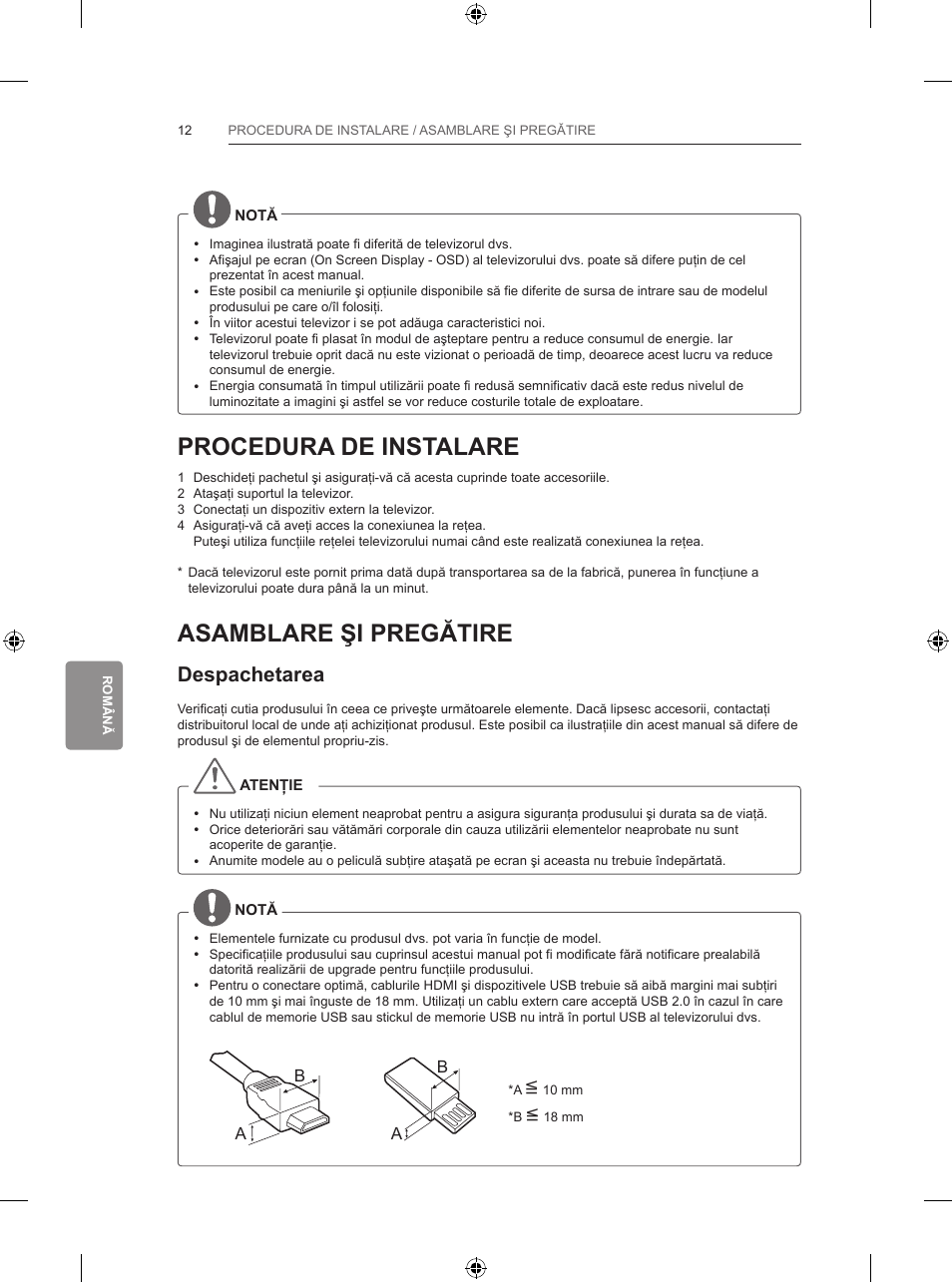 Procedura de instalare, Asamblare şi pregătire, Despachetarea | LG 65LB730V User Manual | Page 238 / 332