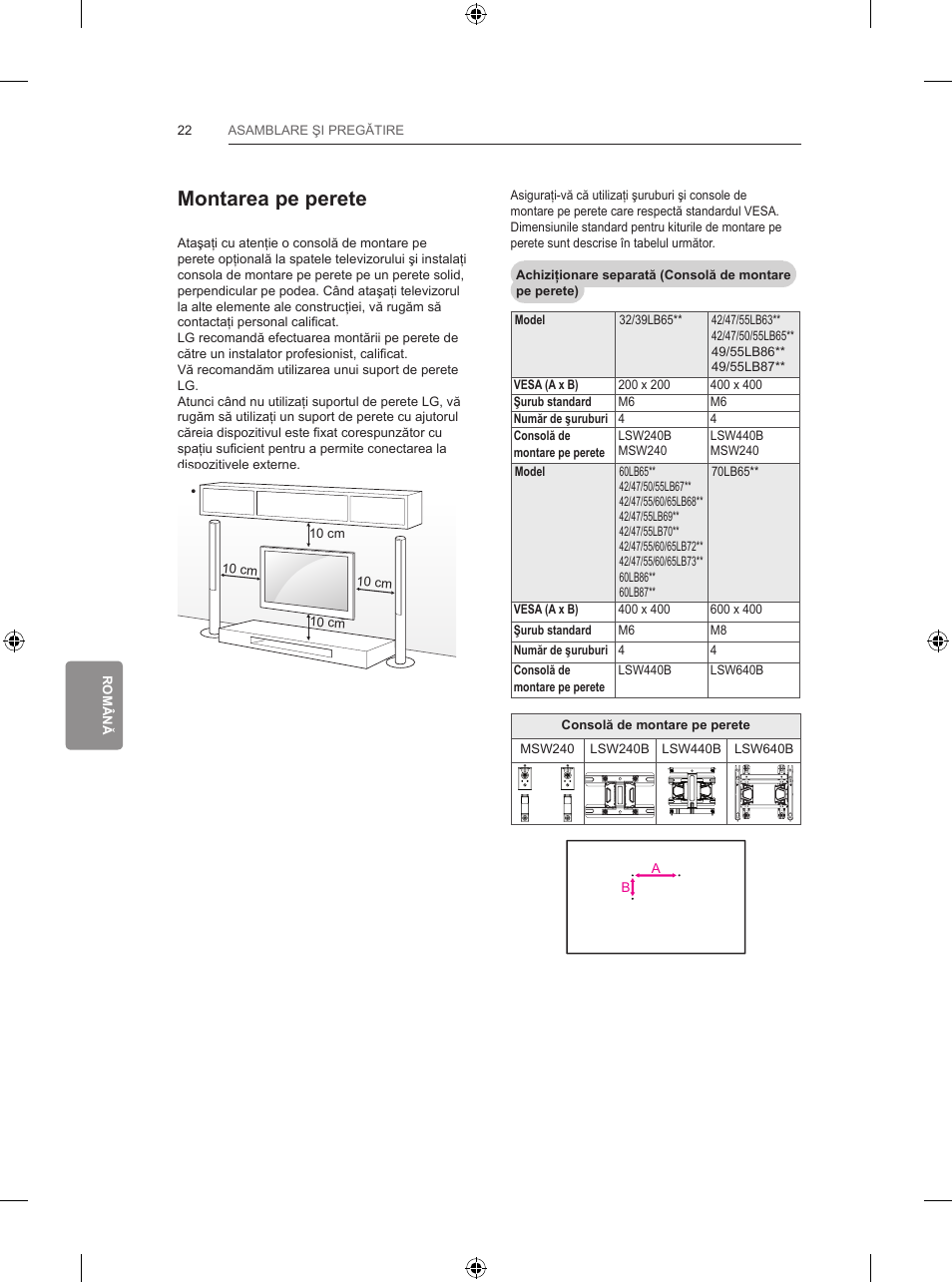 Montarea pe perete | LG 65LB730V User Manual | Page 248 / 332