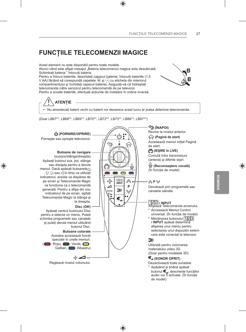 Funcţiile telecomenzii magice | LG 65LB730V User Manual | Page 253 / 332
