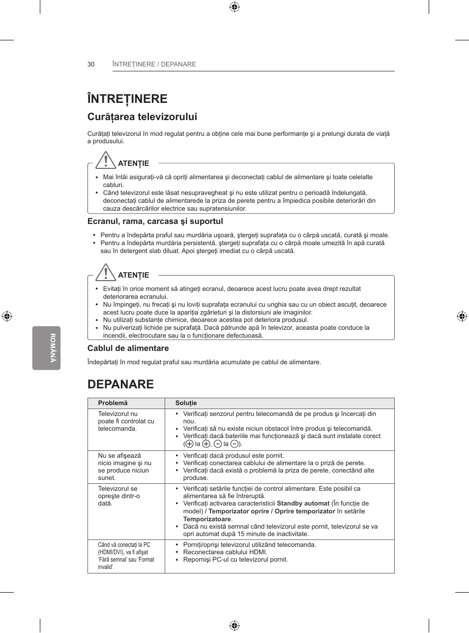 Întreţinere, Depanare, Curăţarea televizorului | LG 65LB730V User Manual | Page 256 / 332