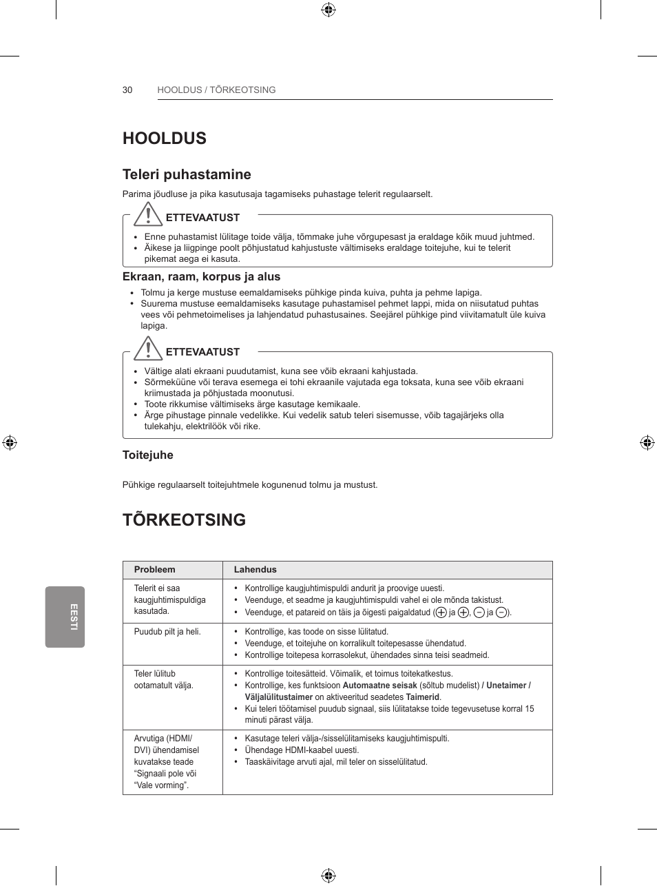 Hooldus, Tõrkeotsing, Teleri puhastamine | LG 65LB730V User Manual | Page 320 / 332
