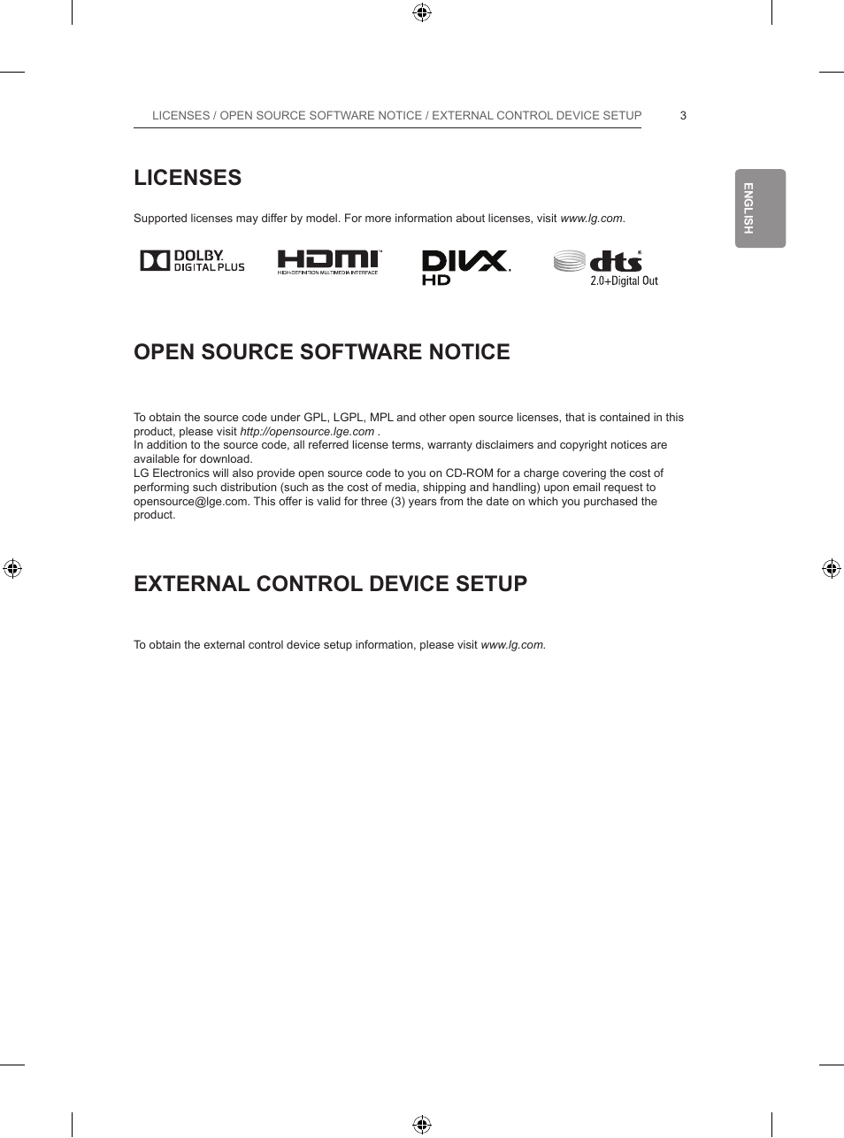 Licenses, Open source software notice, External control device setup | LG 65LB730V User Manual | Page 69 / 332