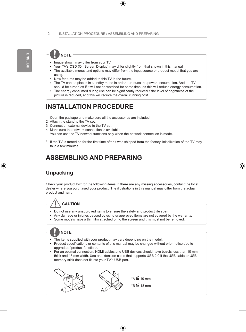 Installation procedure, Assembling and preparing, Unpacking | LG 65LB730V User Manual | Page 78 / 332