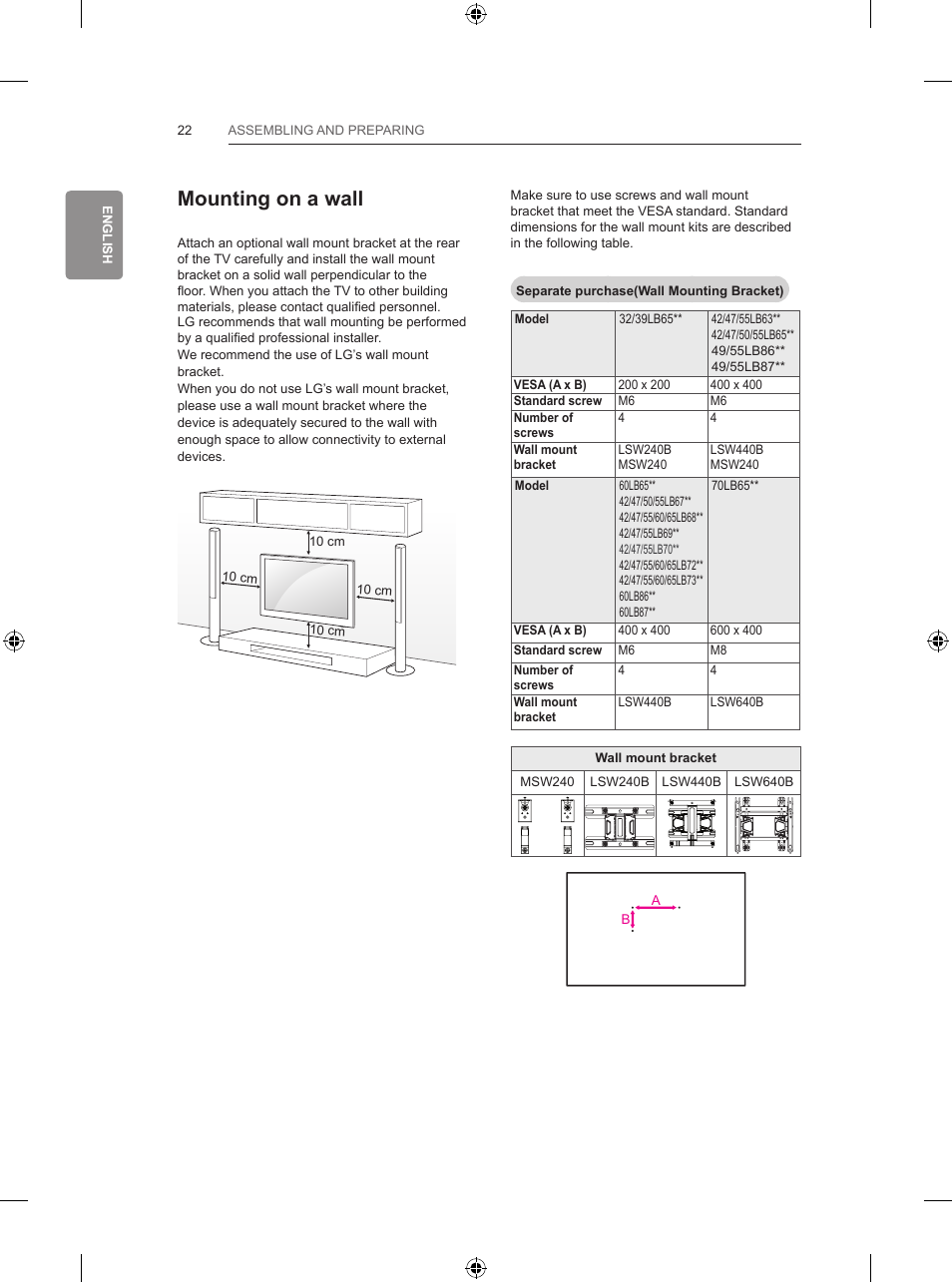 Mounting on a wall | LG 65LB730V User Manual | Page 88 / 332