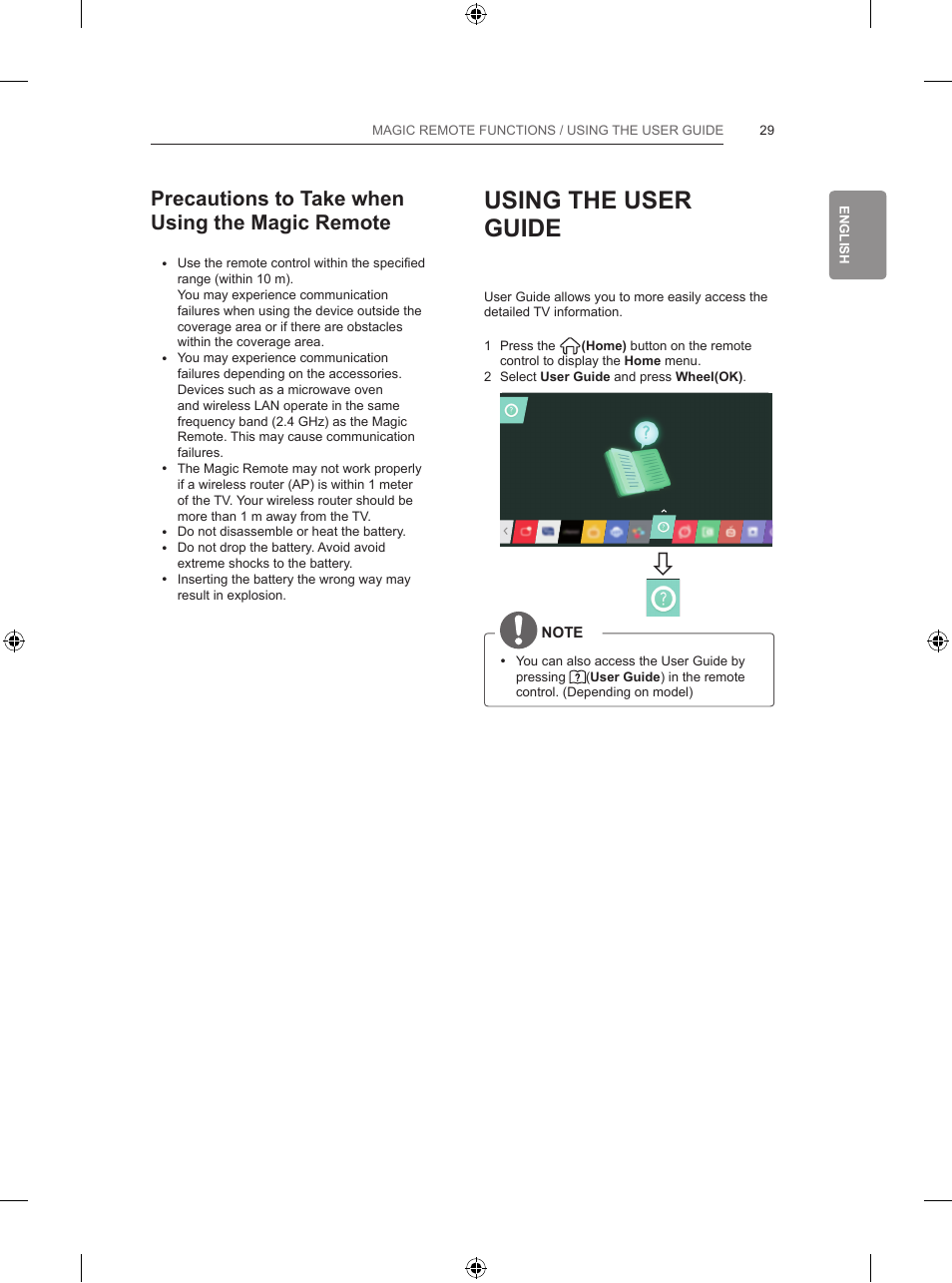 Using the user guide, Precautions to take when using the magic remote | LG 65LB730V User Manual | Page 95 / 332