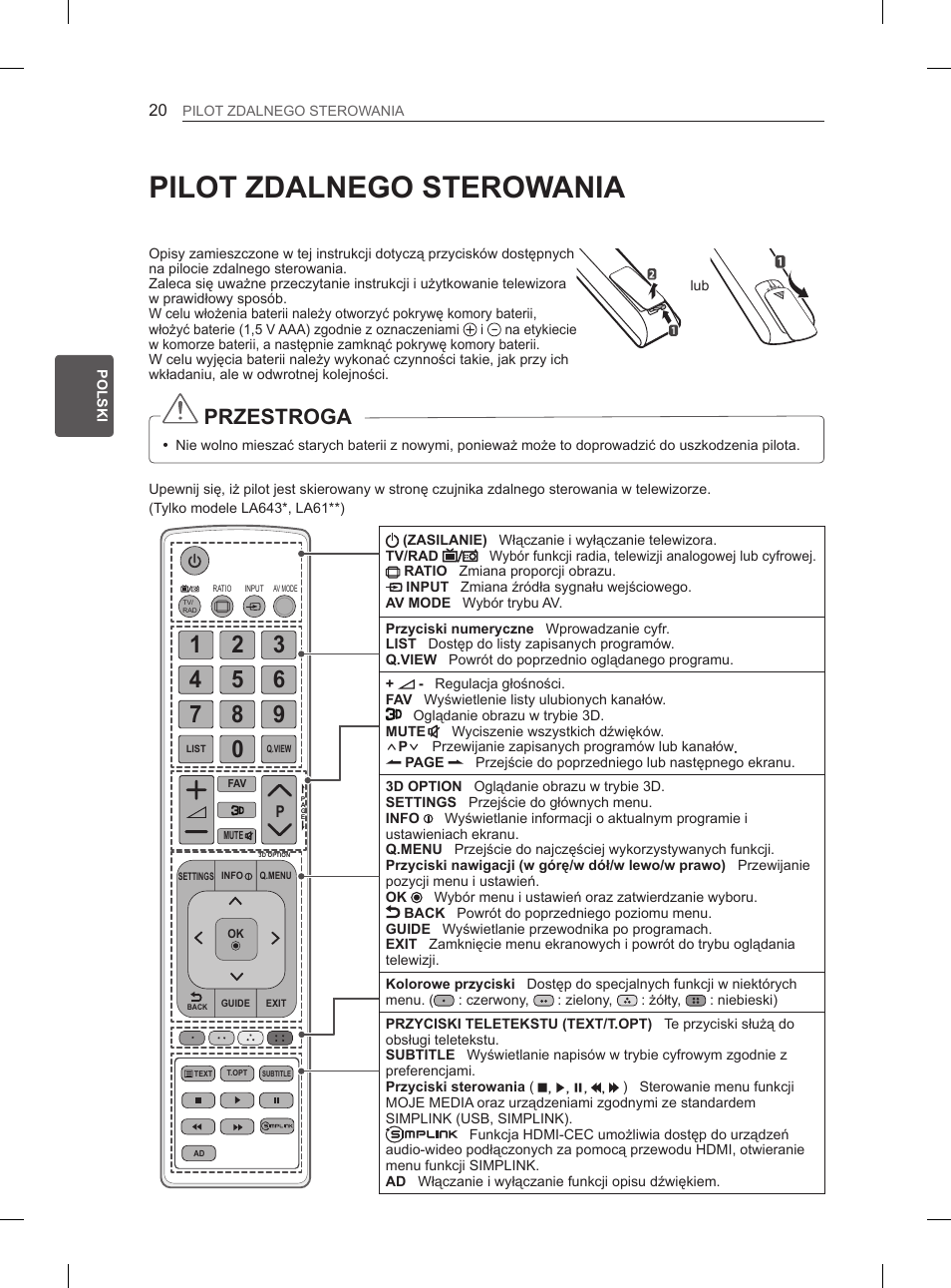 Pilot zdalnego sterowania, Przestroga | LG 32LN536B User Manual | Page 119 / 443