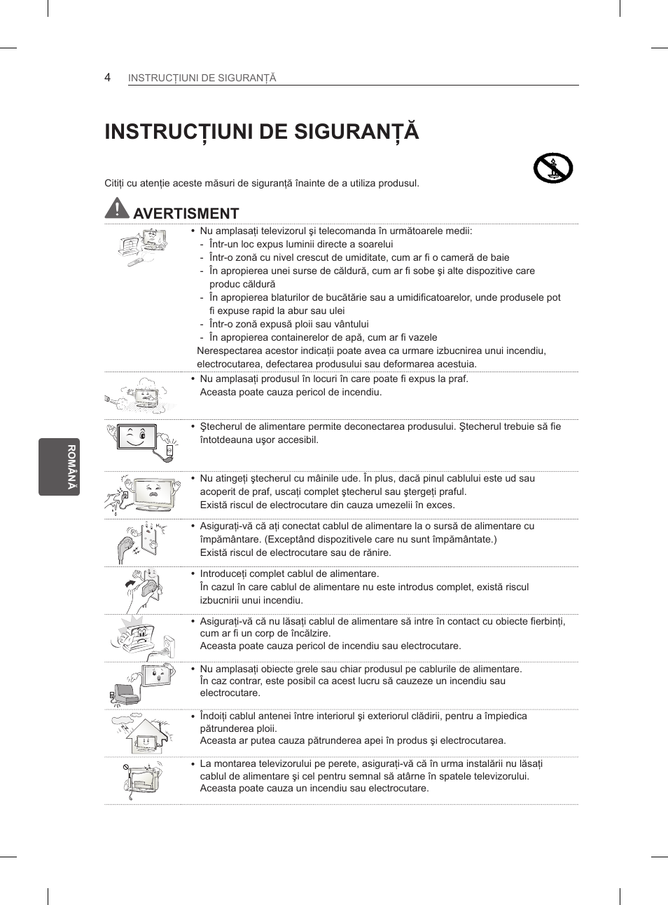 Instrucţiuni de siguranţă, Avertisment | LG 32LN536B User Manual | Page 175 / 443