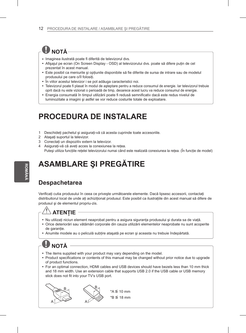 Procedura de instalare, Asamblare şi pregătire, Despachetarea | Notă, Atenţie | LG 32LN536B User Manual | Page 183 / 443