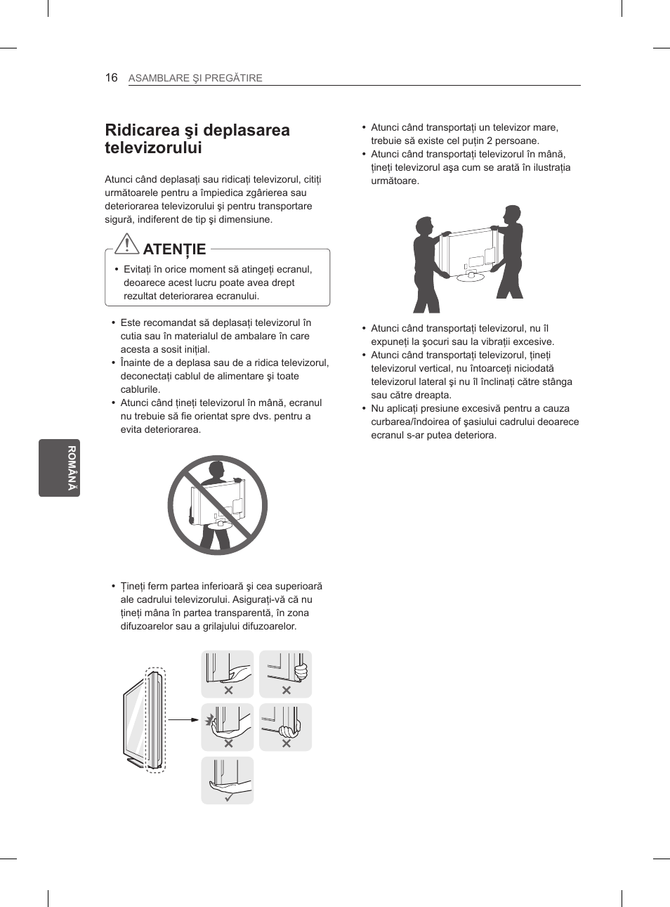 Ridicarea şi deplasarea televizorului, Atenţie | LG 32LN536B User Manual | Page 187 / 443