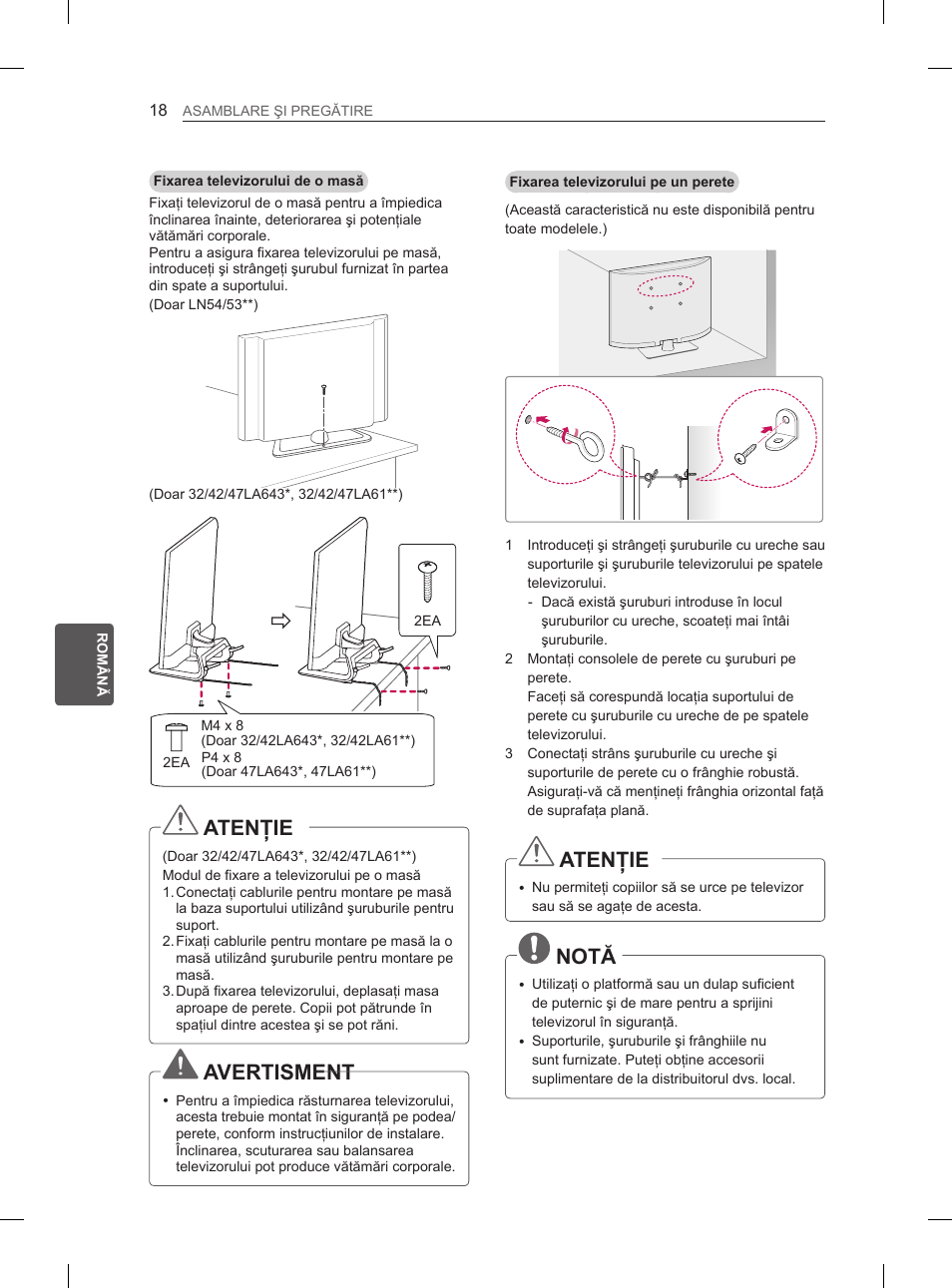 Atenţie, Avertisment, Notă | LG 32LN536B User Manual | Page 189 / 443