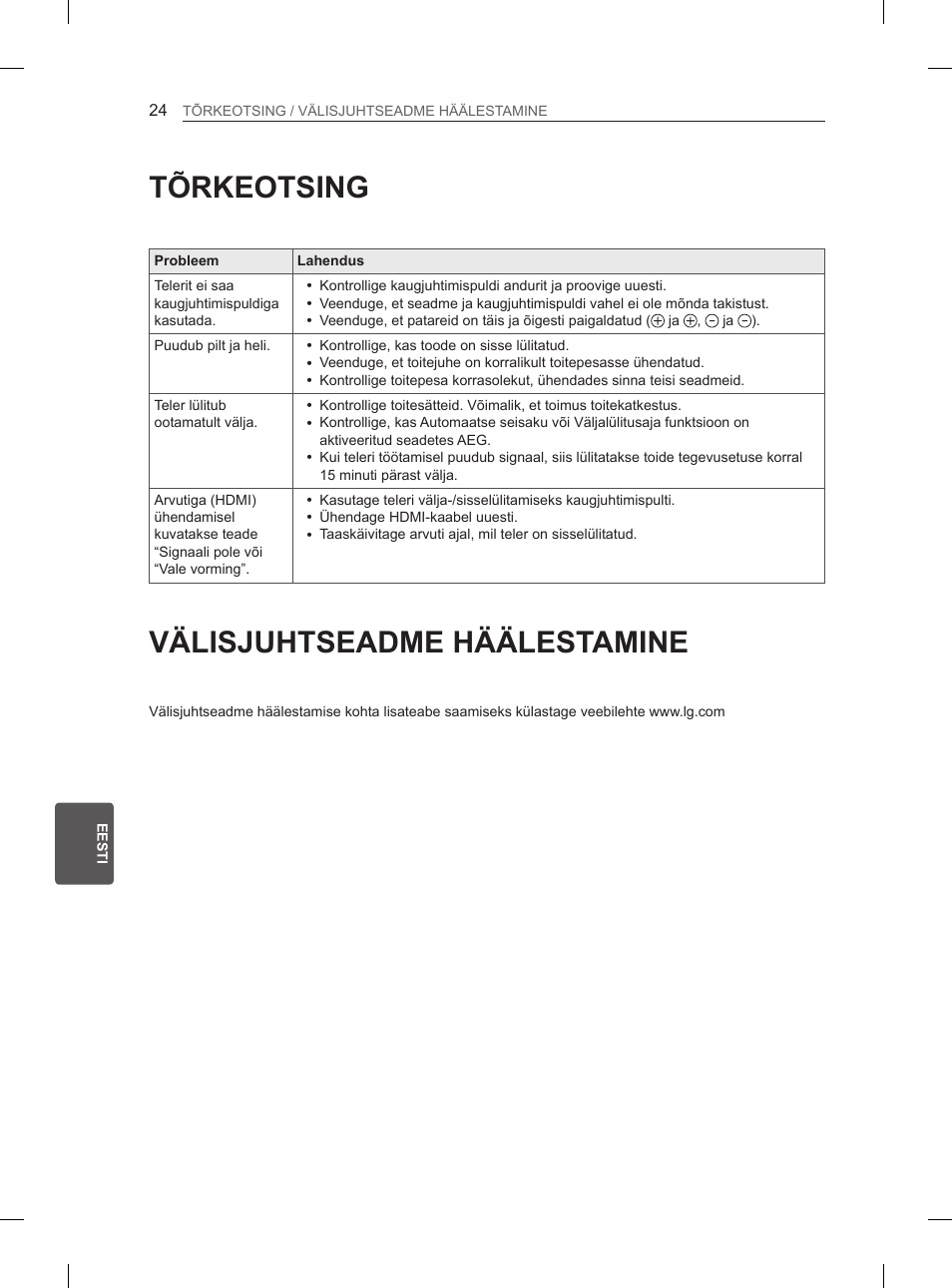 Tõrkeotsing, Välisjuhtseadme häälestamine | LG 32LN536B User Manual | Page 243 / 443