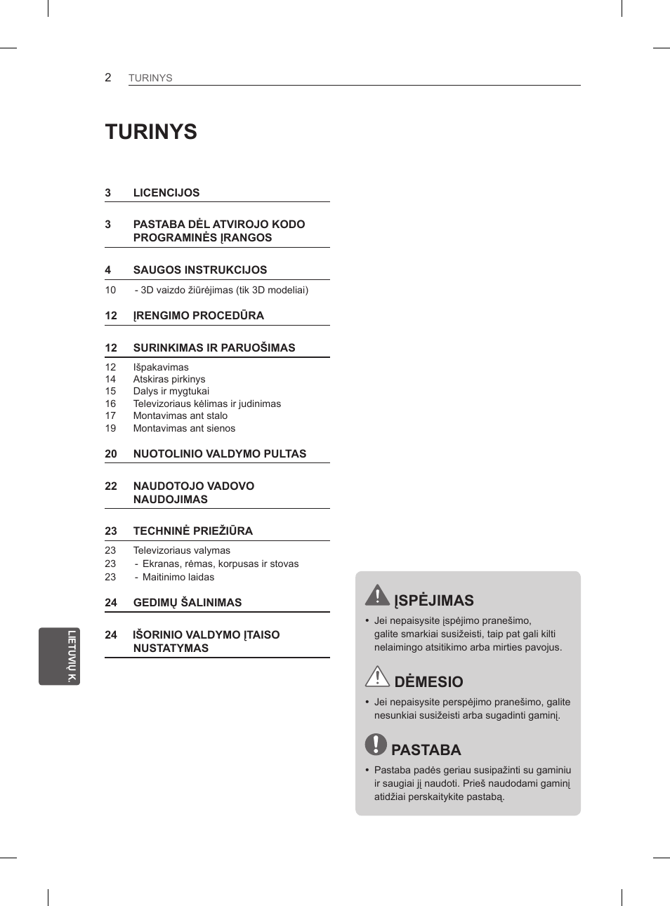 Turinys, Įspėjimas, Dėmesio | Pastaba | LG 32LN536B User Manual | Page 245 / 443