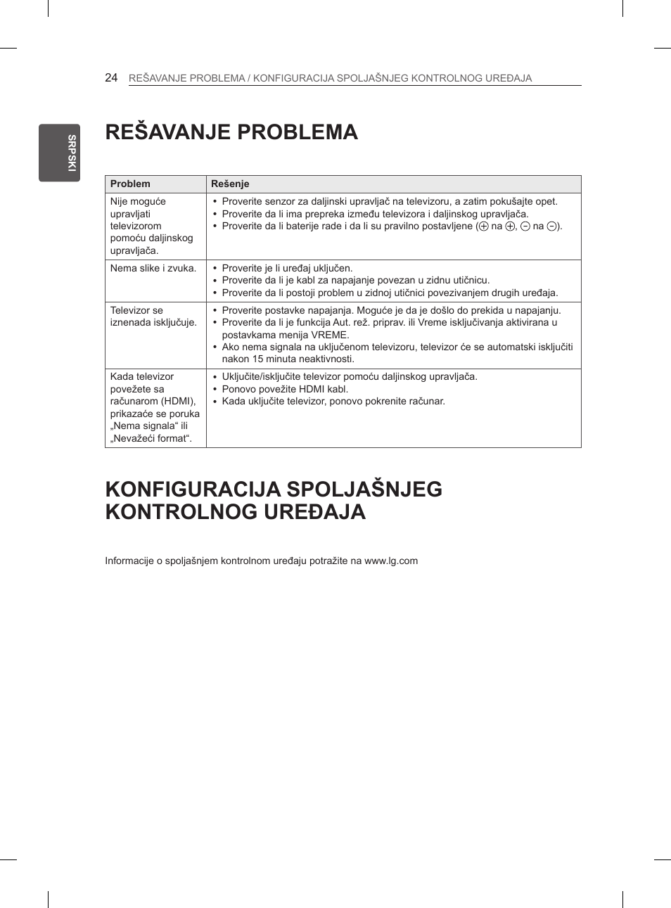 Rešavanje problema, Konfiguracija spoljašnjeg kontrolnog uređaja | LG 32LN536B User Manual | Page 315 / 443