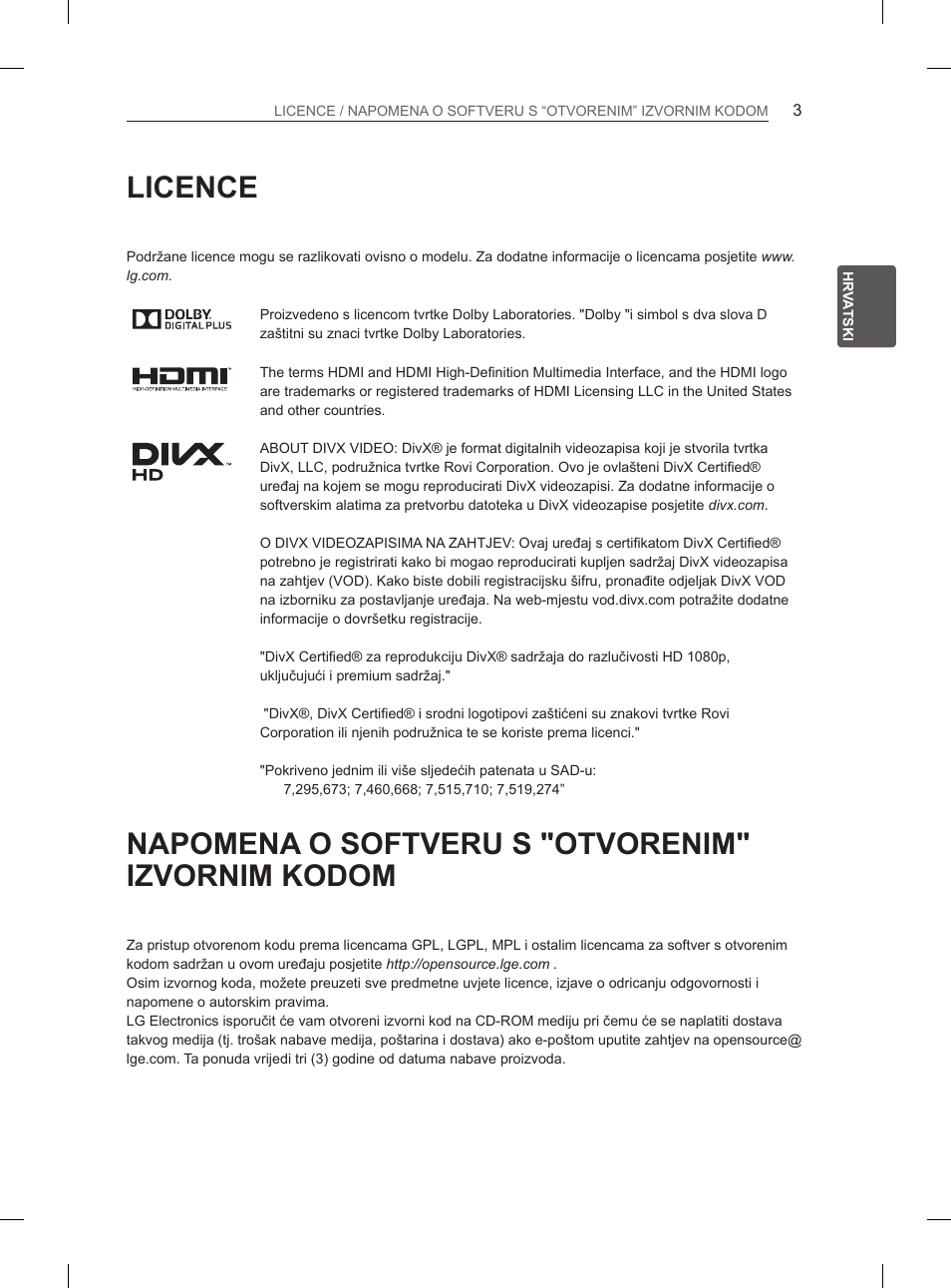 Licence, Napomena o softveru s "otvorenim" izvornim kodom | LG 32LN536B User Manual | Page 318 / 443