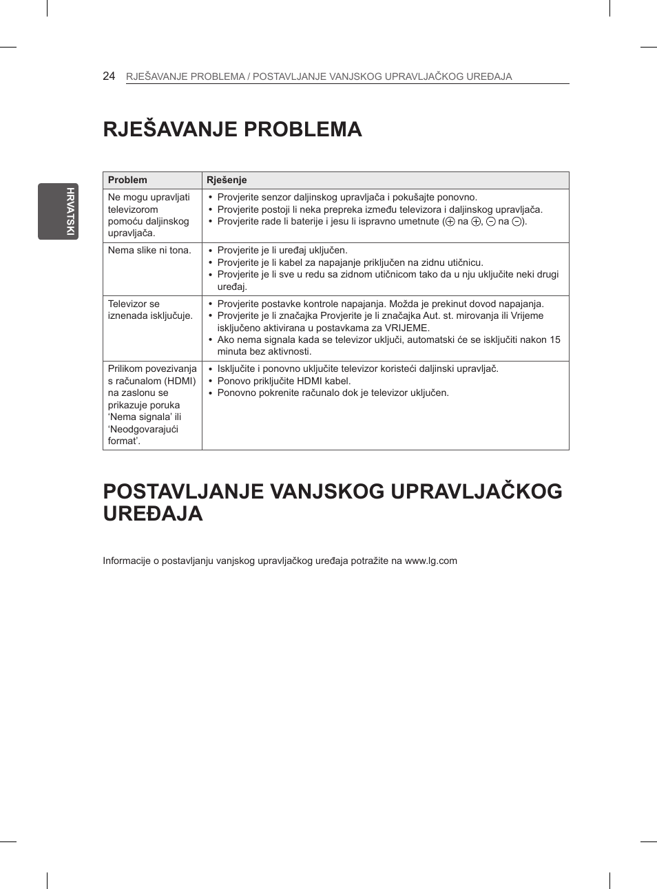 Rješavanje problema, Postavljanje vanjskog upravljačkog uređaja | LG 32LN536B User Manual | Page 339 / 443