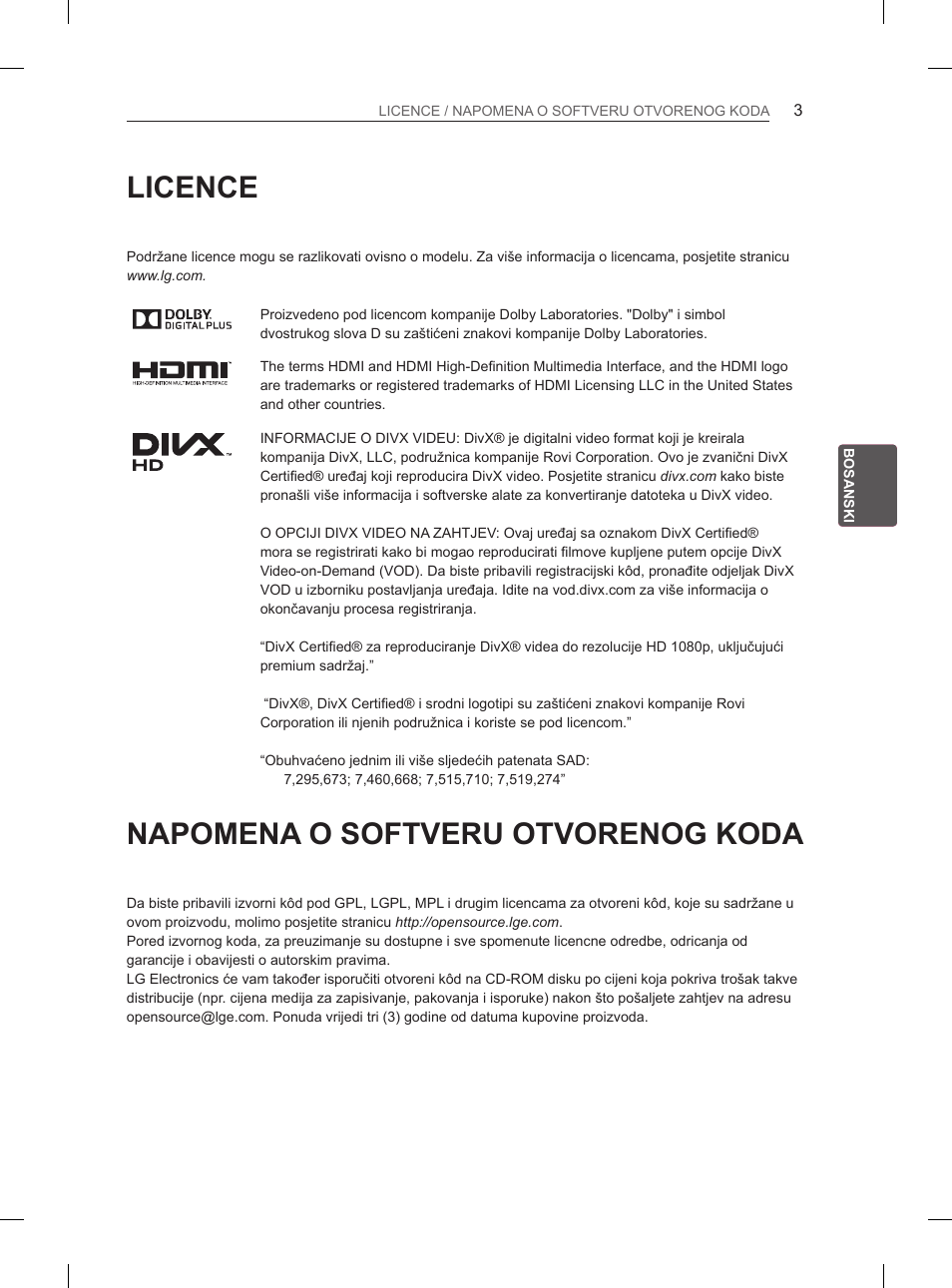 Licence, Napomena o softveru otvorenog koda | LG 32LN536B User Manual | Page 366 / 443