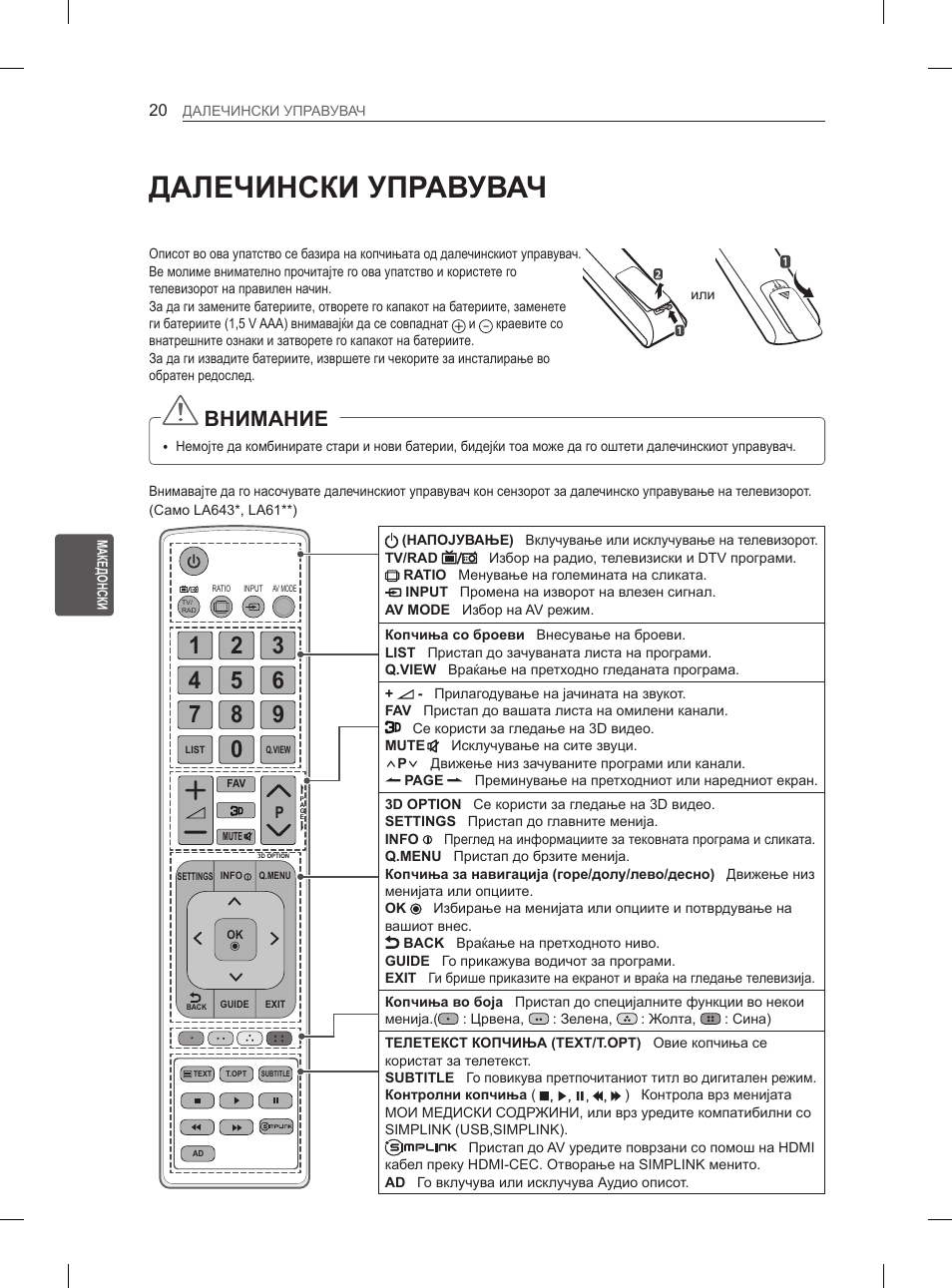 Далечински управувач, Внимание | LG 32LN536B User Manual | Page 407 / 443