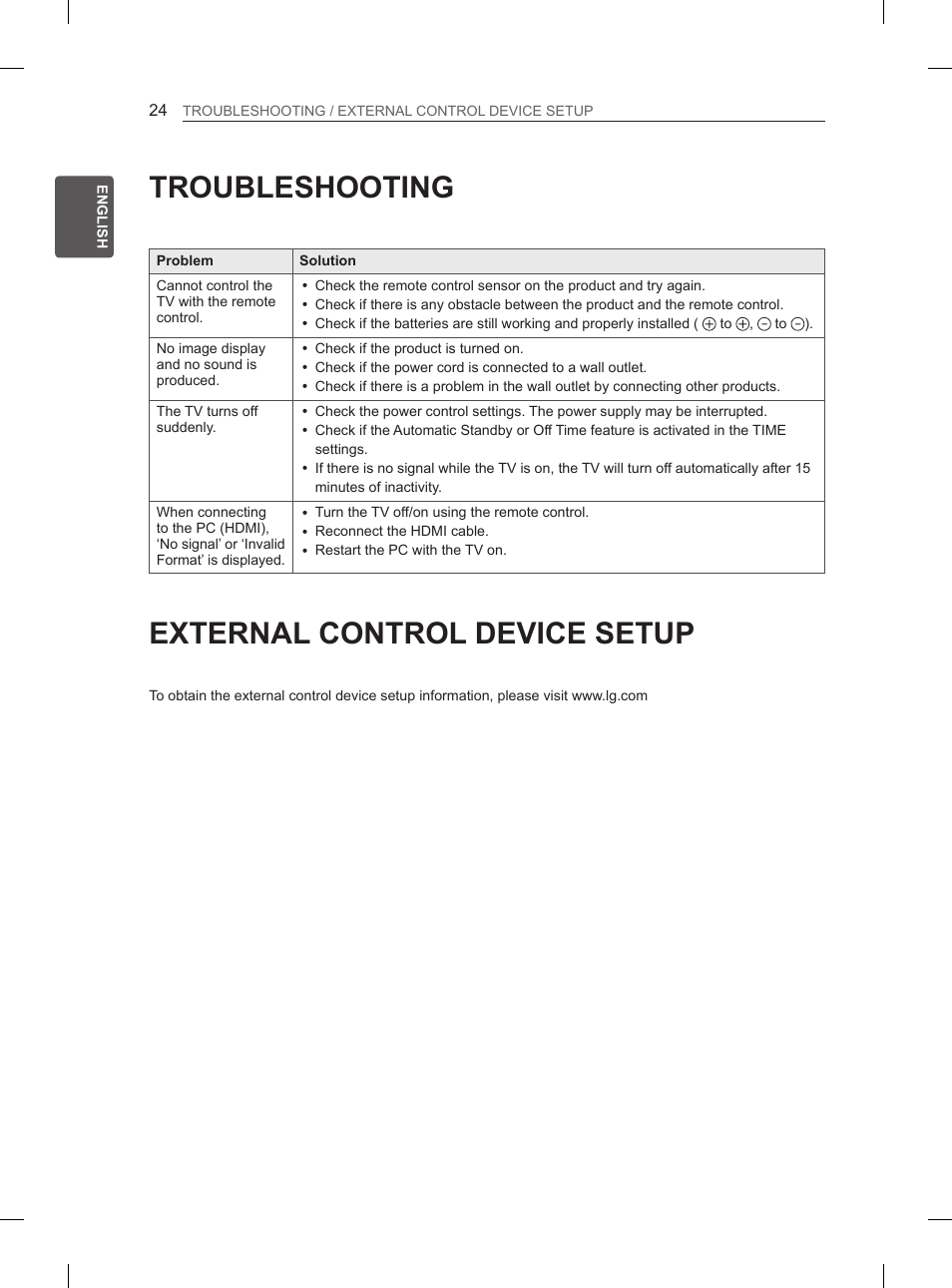 Troubleshooting, External control device setup | LG 32LN536B User Manual | Page 75 / 443