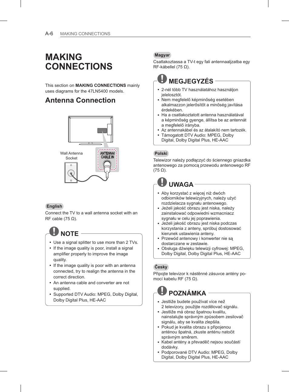 Making connections, Antenna connection, Megjegyzés | Uwaga, Poznámka | LG 32LN536B User Manual | Page 9 / 443