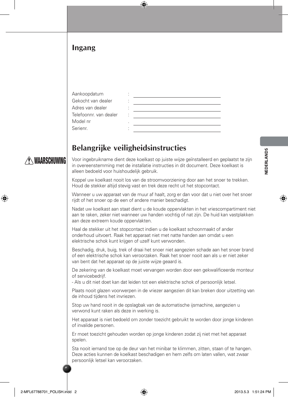 Waarschuwing, Ingang, Belangrijke veiligheidsinstructies | Introductie | LG GSL545NSQV User Manual | Page 101 / 324