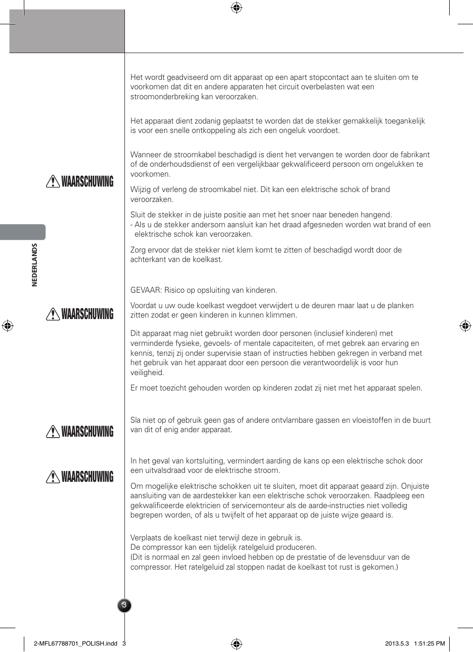 Ostrzeżenie, Waarschuwing, Introductie | LG GSL545NSQV User Manual | Page 102 / 324