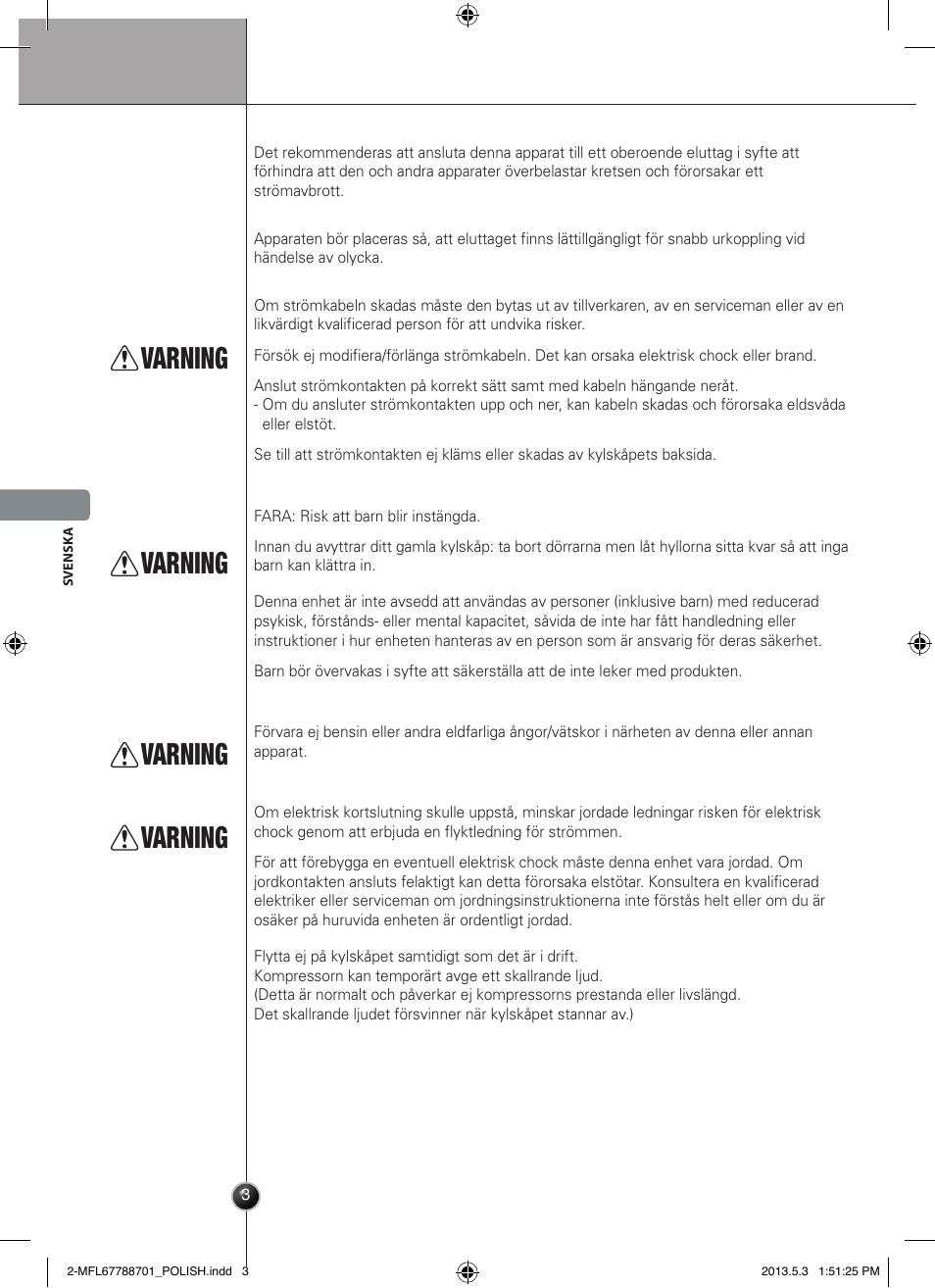 Ostrzeżenie, Varning, Inledning | LG GSL545NSQV User Manual | Page 116 / 324