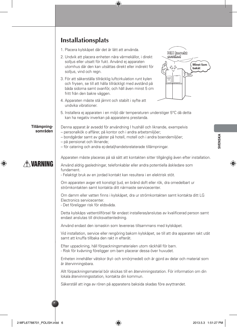 Varning, Installationsplats, Installation | LG GSL545NSQV User Manual | Page 119 / 324