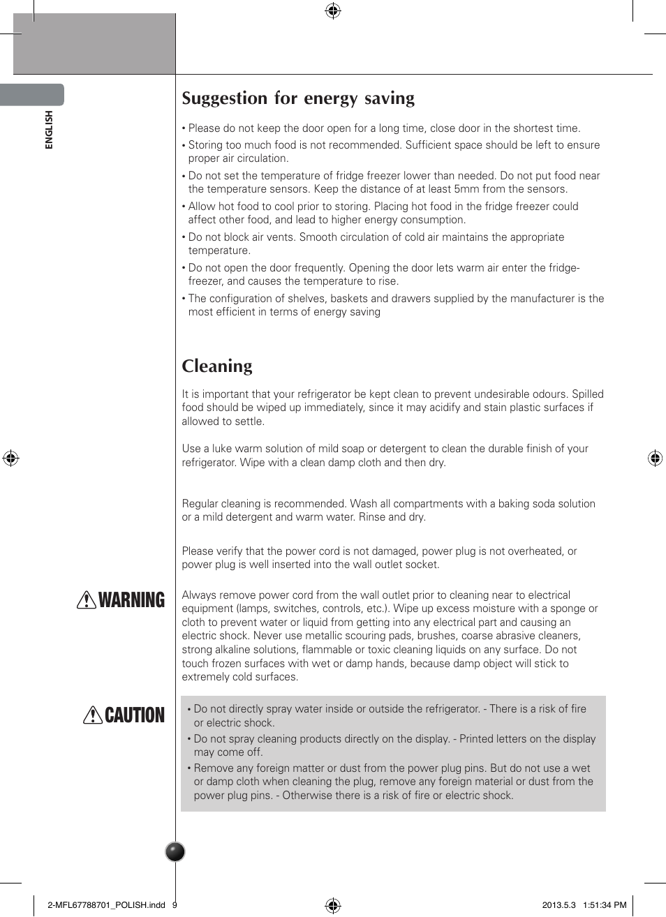 Ostrożnie, Warning, Caution | Cleaning, Suggestion for energy saving, Care and maintenance | LG GSL545NSQV User Manual | Page 12 / 324