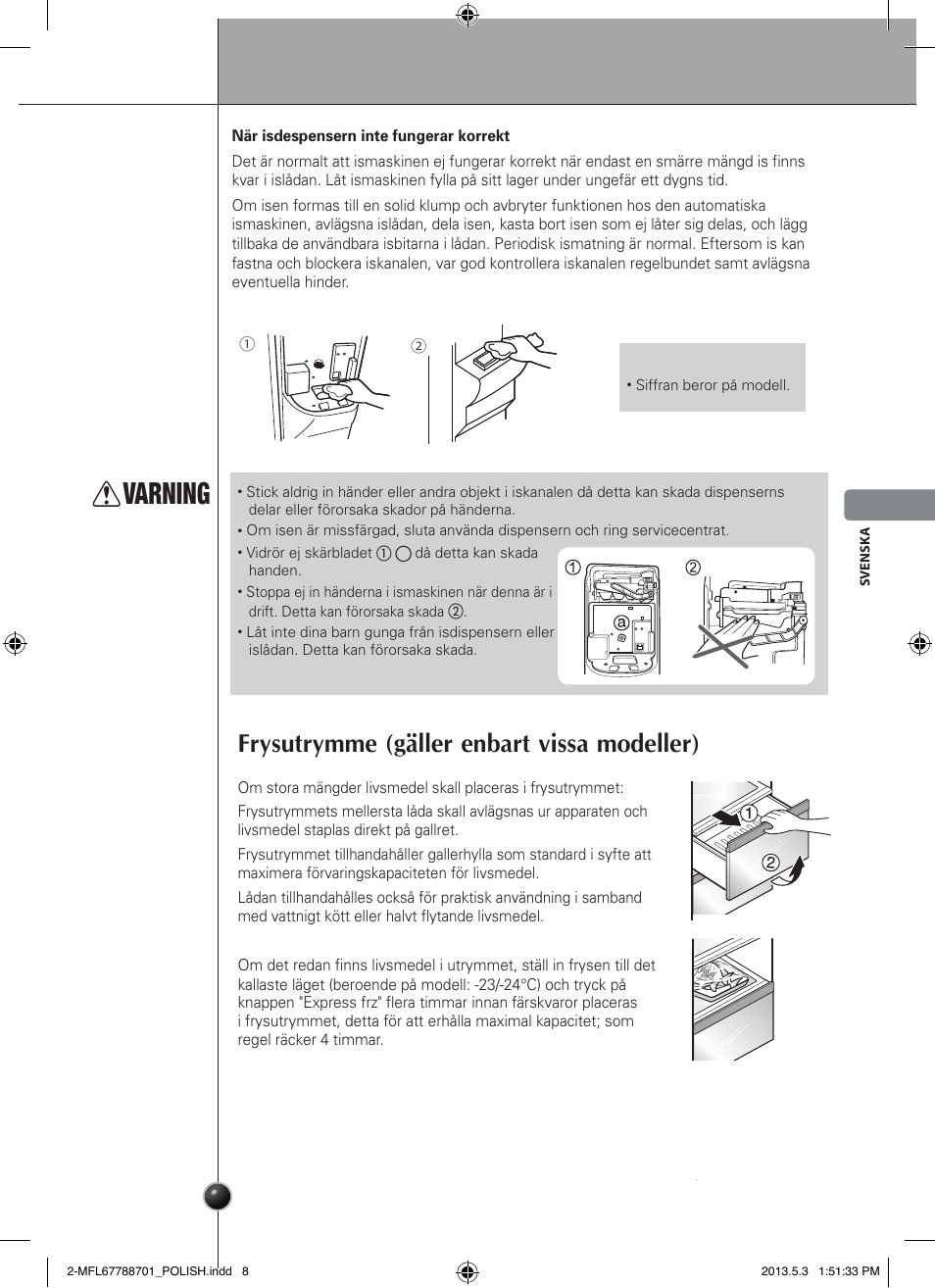 Varning, Frysutrymme (gäller enbart vissa modeller), Drift | LG GSL545NSQV User Manual | Page 121 / 324