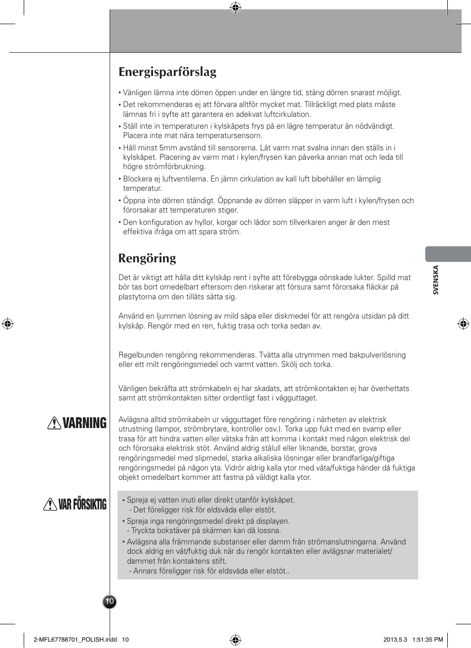 Varning, Var försiktig, Energisparförslag | Rengöring, Service och underhåll | LG GSL545NSQV User Manual | Page 123 / 324