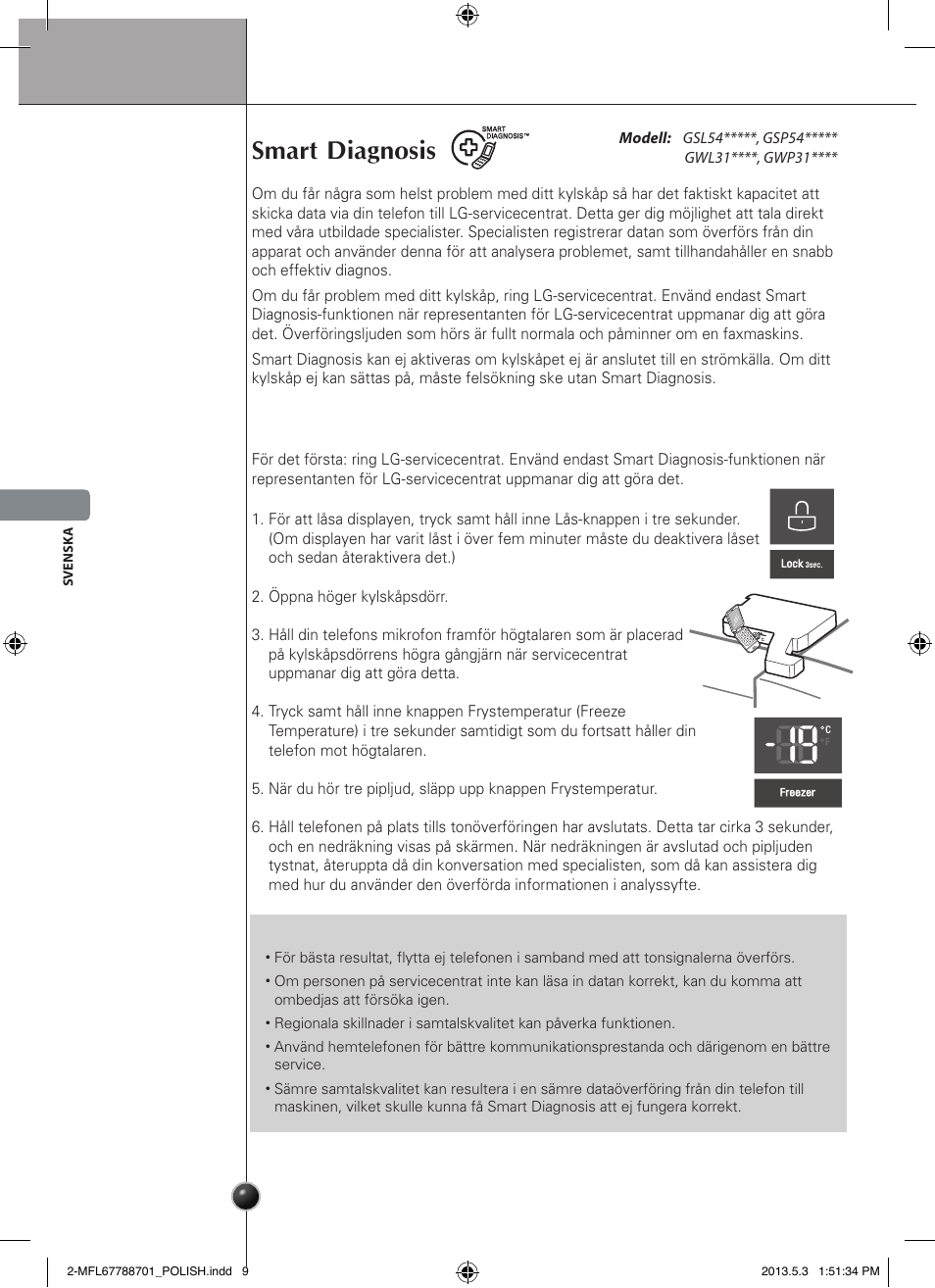 Ostrożnie, Smart diagnosis, Service och underhåll | LG GSL545NSQV User Manual | Page 124 / 324