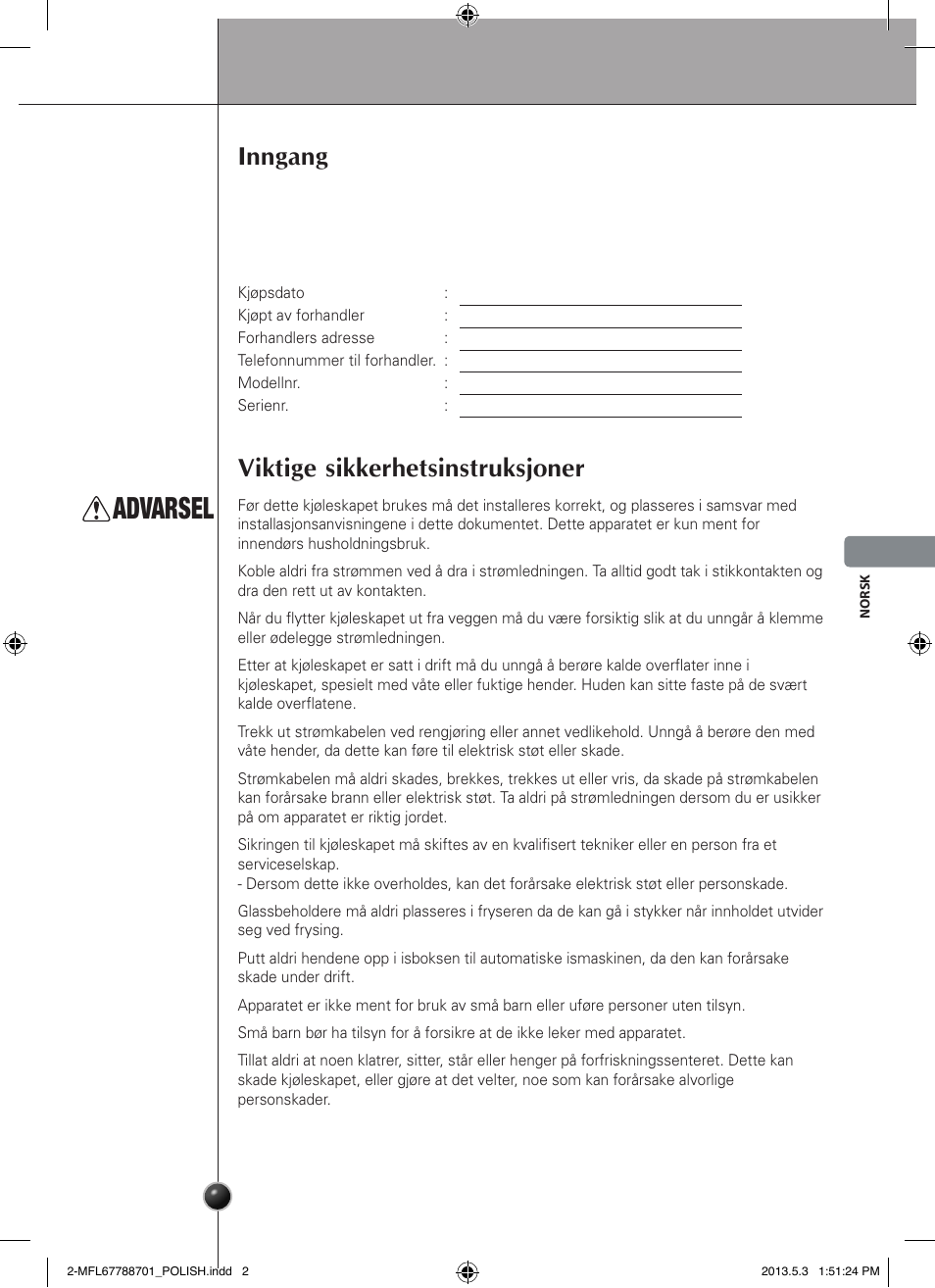 Advarsel, Inngang, Viktige sikkerhetsinstruksjoner | Introduksjon | LG GSL545NSQV User Manual | Page 129 / 324