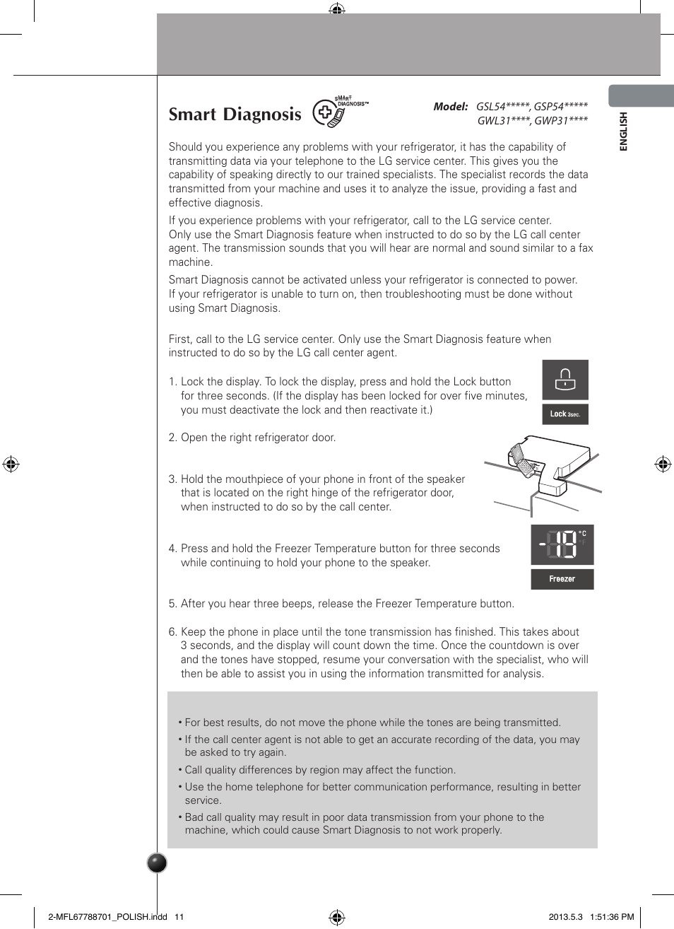 Smart diagnosis, Care and maintenance | LG GSL545NSQV User Manual | Page 13 / 324
