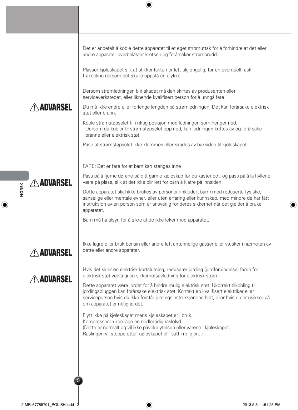 Ostrzeżenie, Advarsel, Introduksjon | LG GSL545NSQV User Manual | Page 130 / 324
