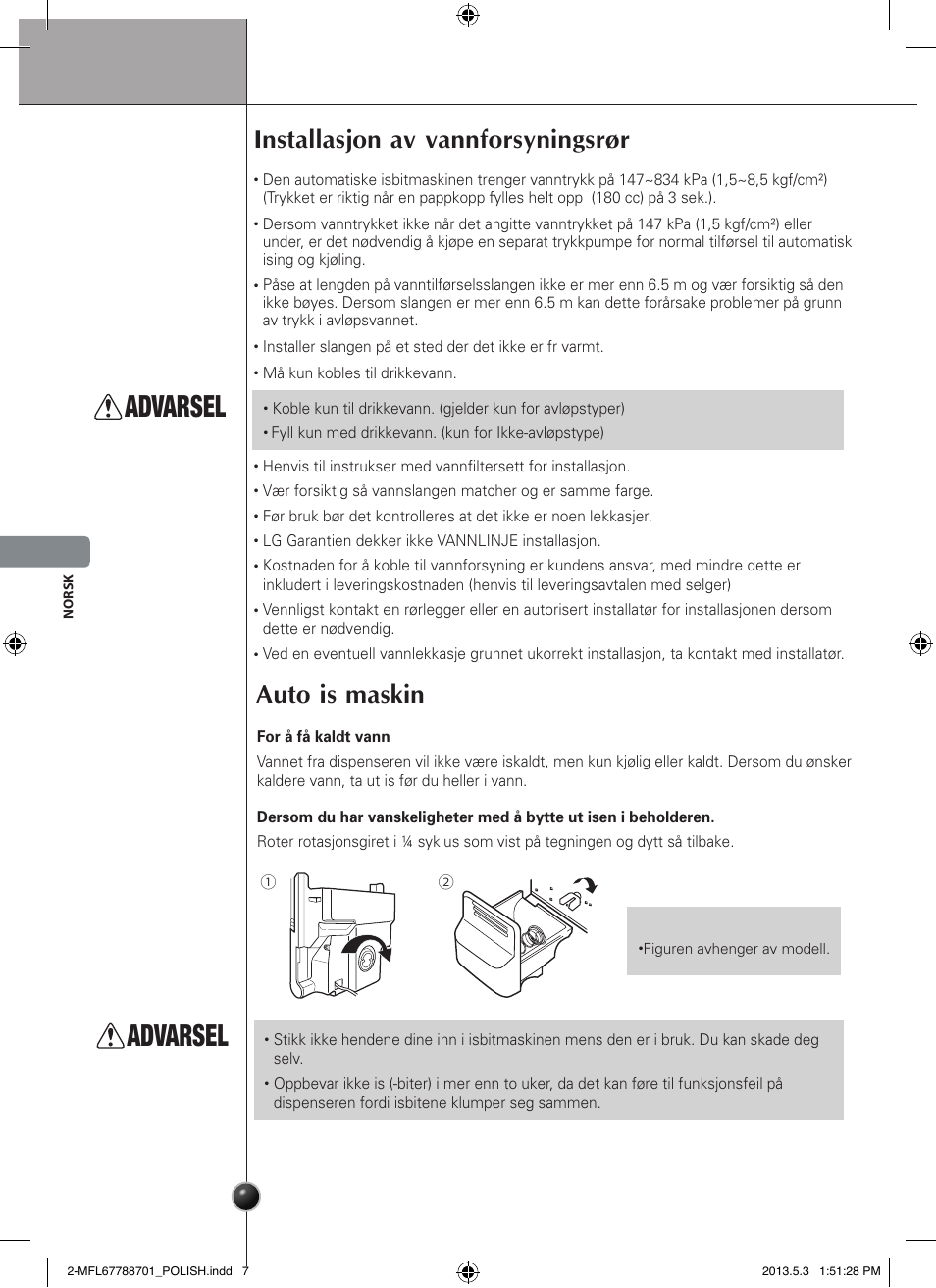 Advarsel, Installasjon av vannforsyningsrør, Auto is maskin | Installasjon | LG GSL545NSQV User Manual | Page 134 / 324