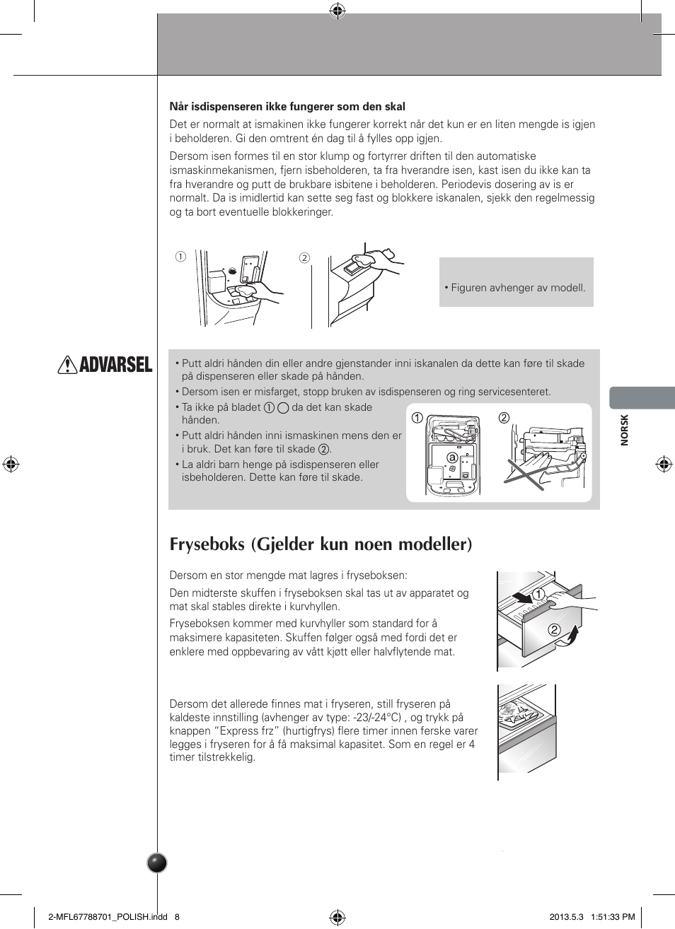 Advarsel, Fryseboks (gjelder kun noen modeller), Bruk | LG GSL545NSQV User Manual | Page 135 / 324