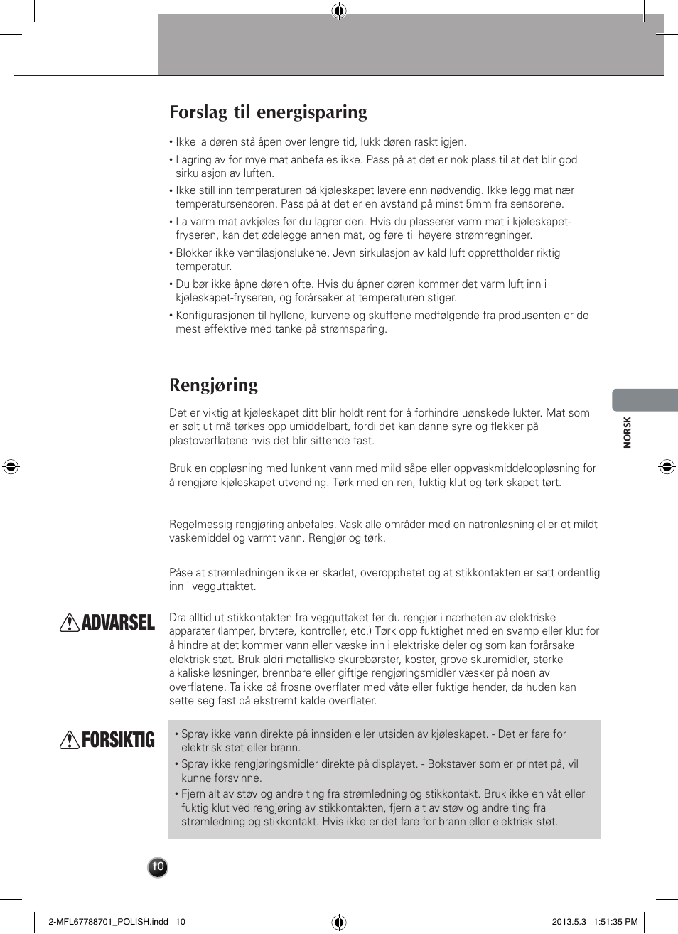 Advarsel, Forsiktig, Forslag til energisparing | Rengjøring, Stell og vedlikehold | LG GSL545NSQV User Manual | Page 137 / 324