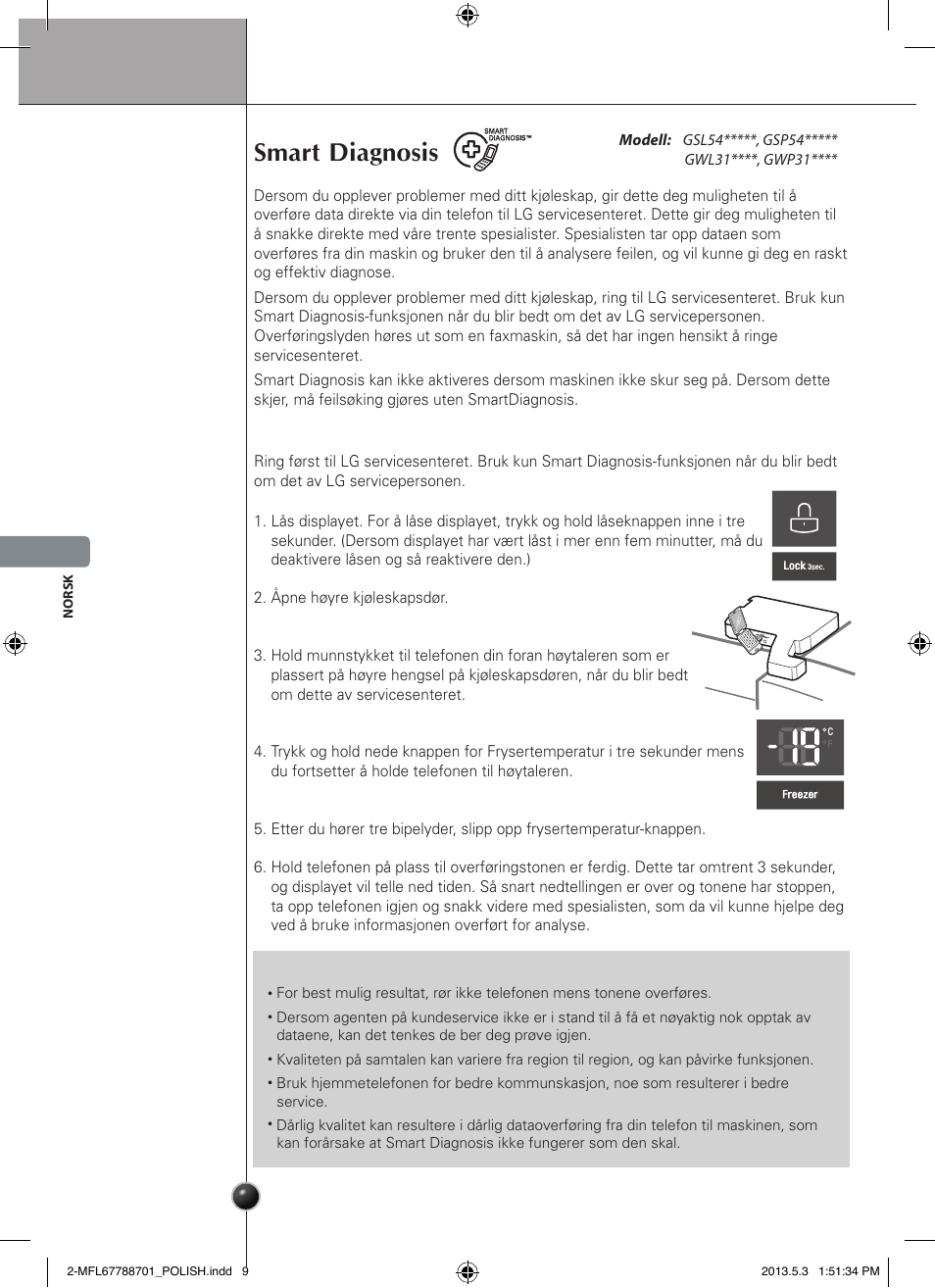 Ostrożnie, Smart diagnosis, Stell og vedlikehold | LG GSL545NSQV User Manual | Page 138 / 324