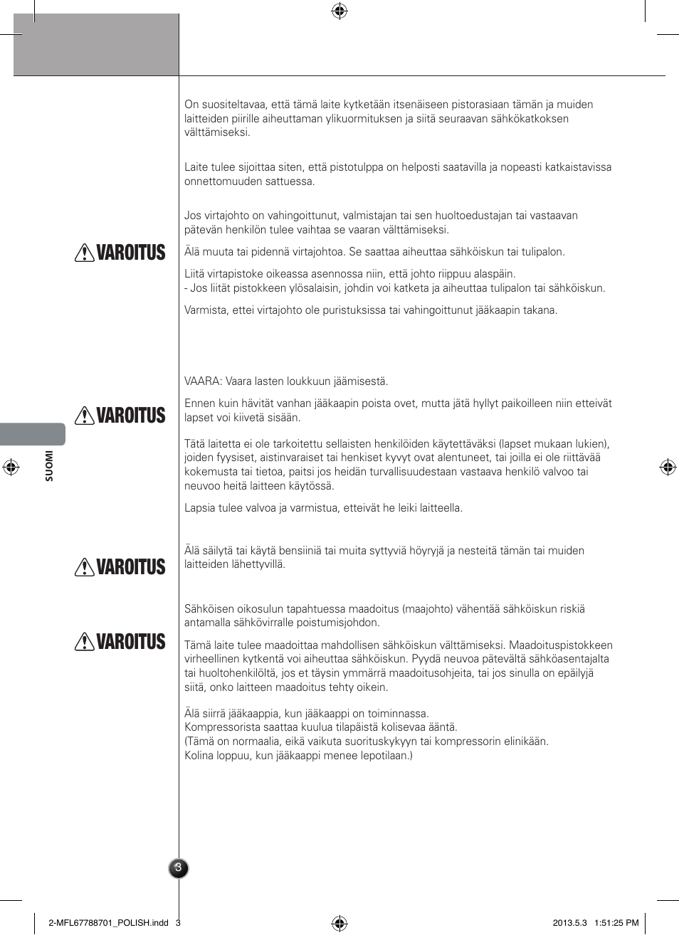 Ostrzeżenie, Varoitus, Johdanto | LG GSL545NSQV User Manual | Page 144 / 324