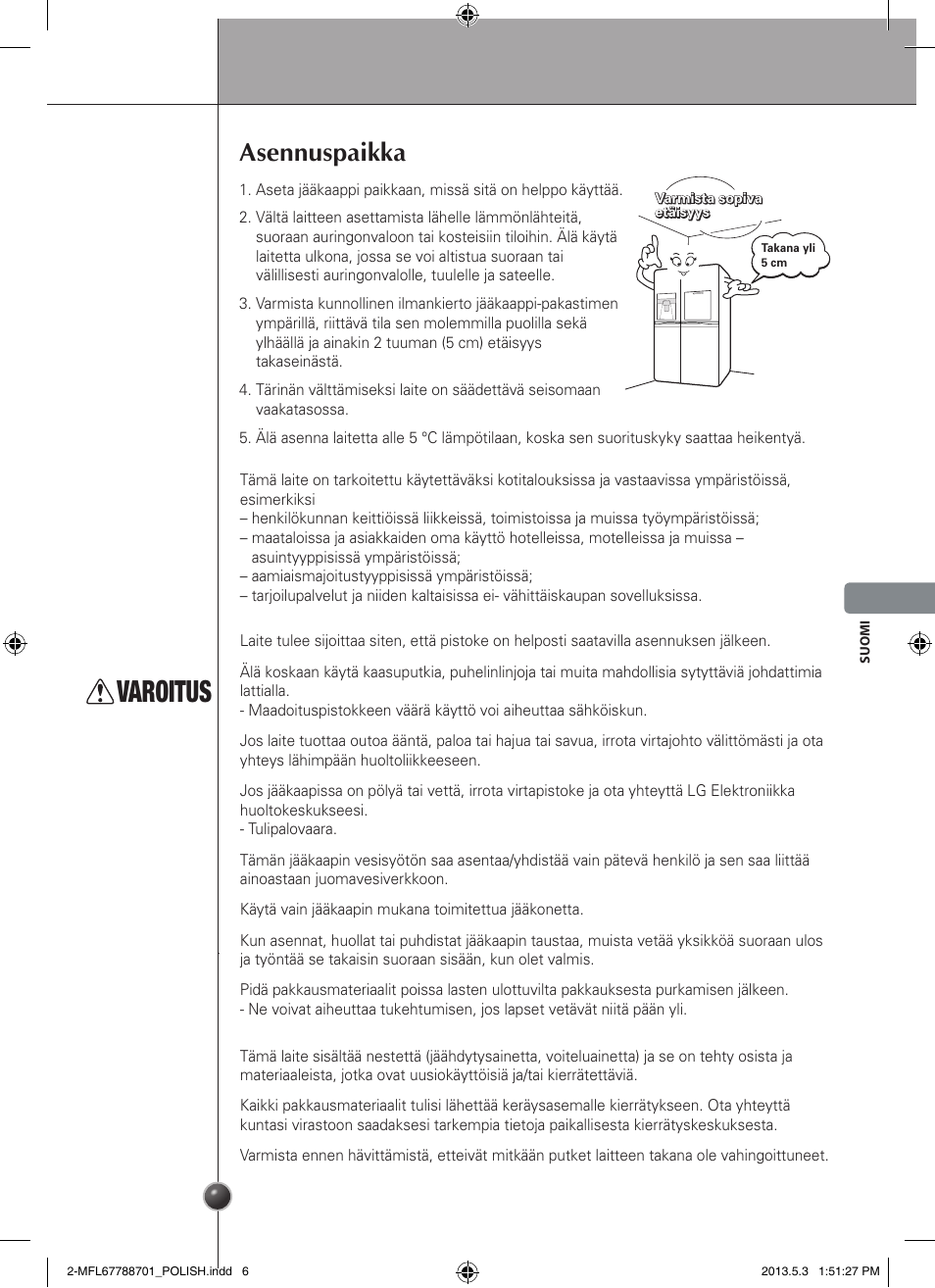 Varoitus, Asennuspaikka, Asennus | LG GSL545NSQV User Manual | Page 147 / 324