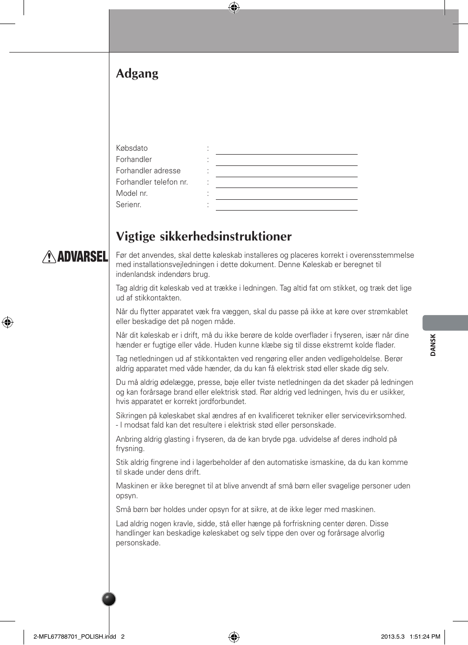Advarsel, Adgang, Vigtige sikkerhedsinstruktioner | Introduktion | LG GSL545NSQV User Manual | Page 157 / 324