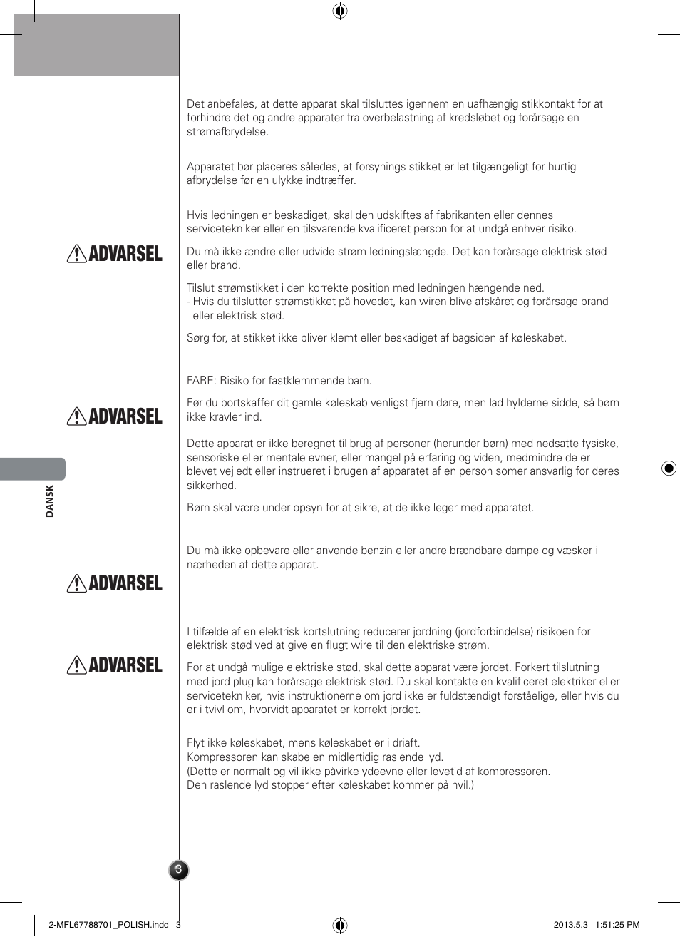 Ostrzeżenie, Advarsel, Introduktion | LG GSL545NSQV User Manual | Page 158 / 324