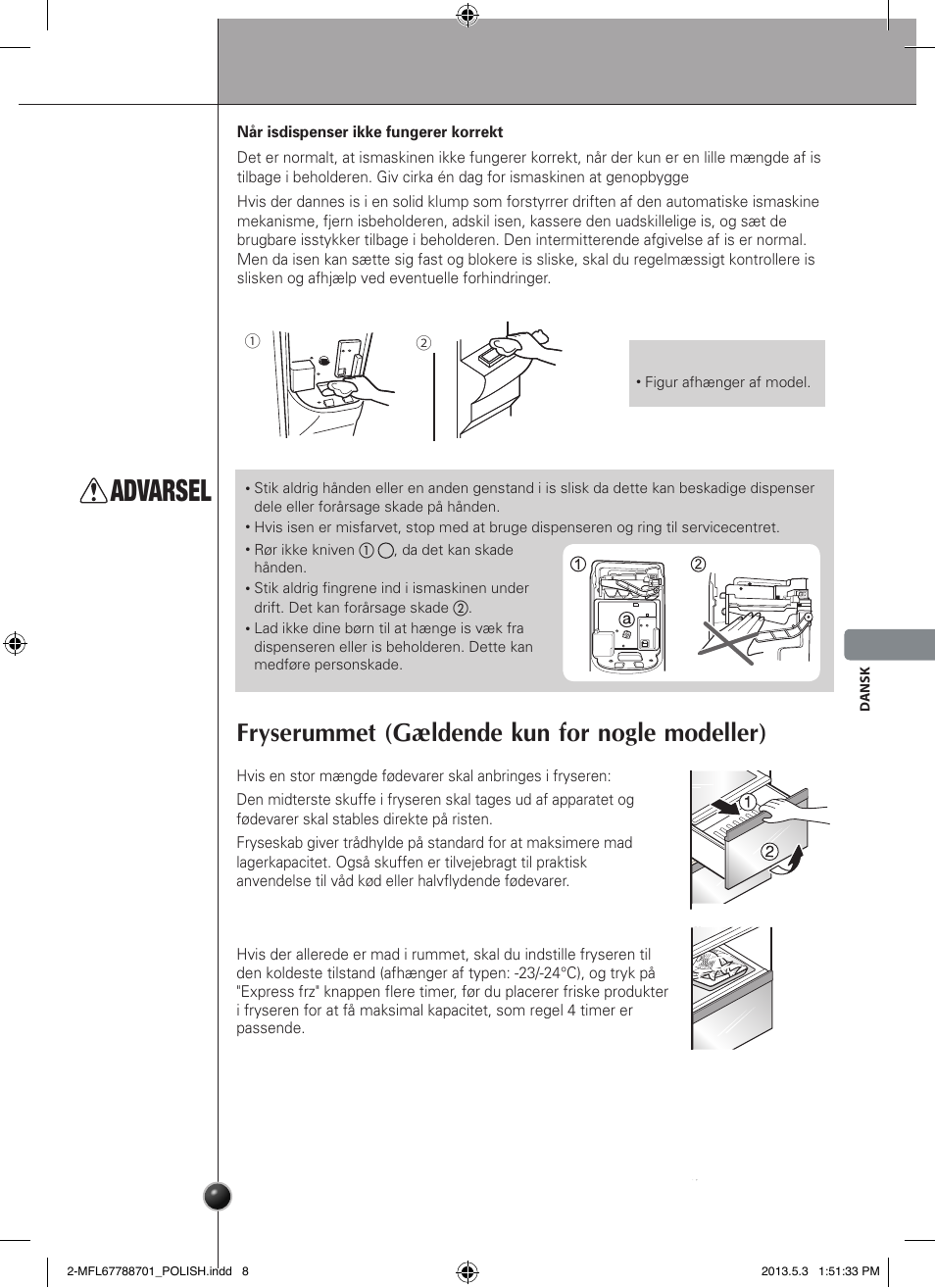 Advarsel, Fryserummet (gældende kun for nogle modeller), Betjening | LG GSL545NSQV User Manual | Page 163 / 324