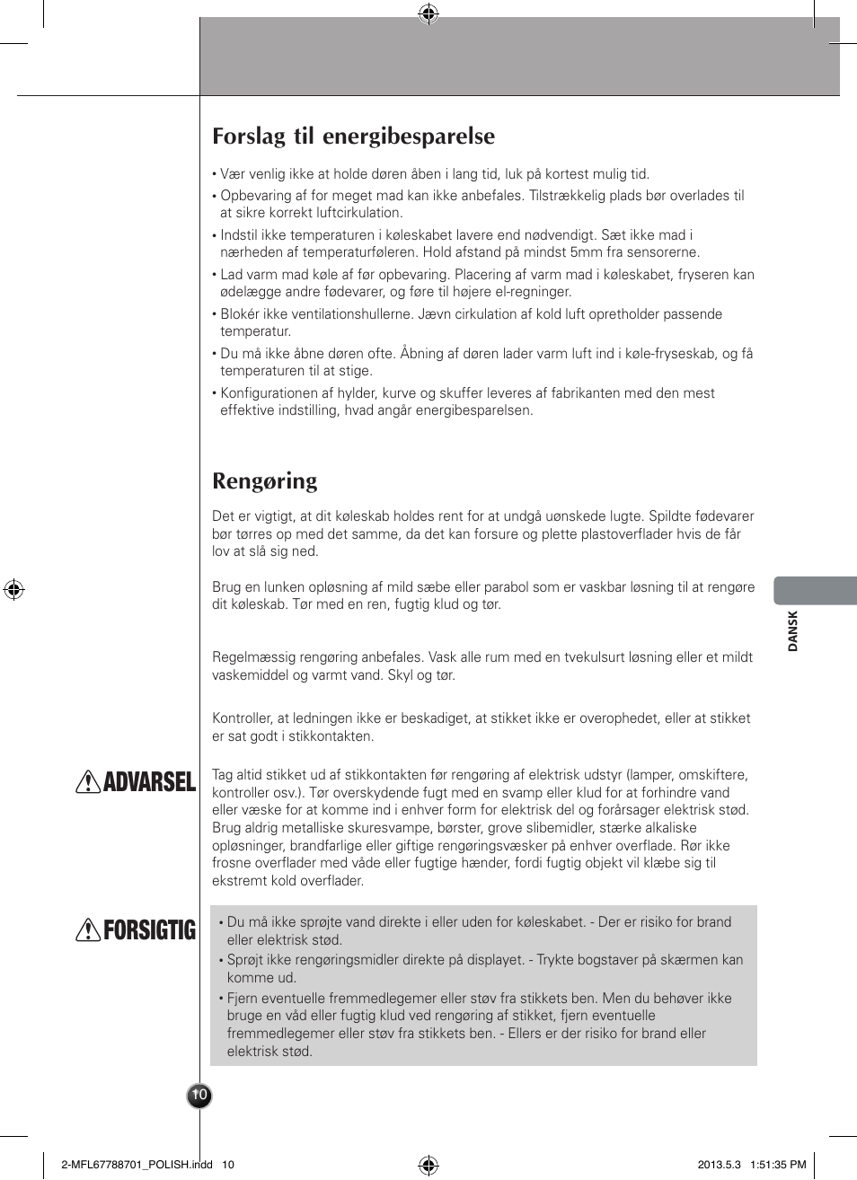 Advarsel, Forsigtig, Forslag til energibesparelse | Rengøring, Pleje og vedligeholdelse | LG GSL545NSQV User Manual | Page 165 / 324