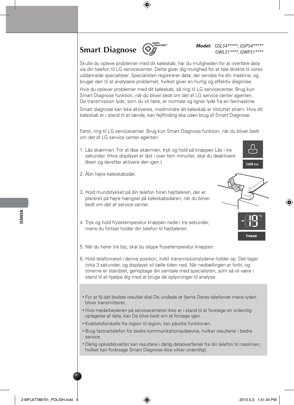 Ostrożnie, Smart diagnose, Pleje og vedligeholdelse | LG GSL545NSQV User Manual | Page 166 / 324