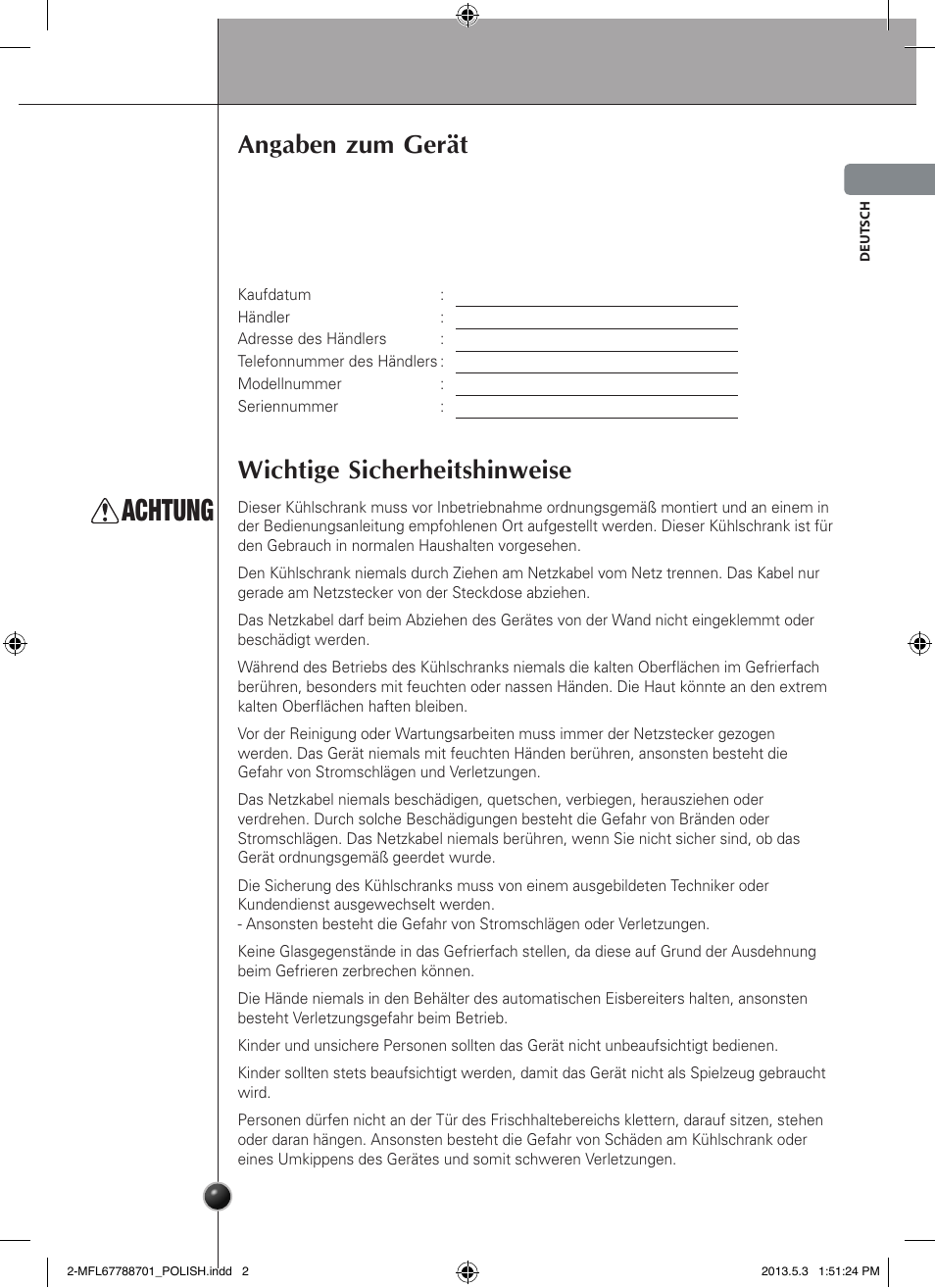 Achtung, Angaben zum gerät, Wichtige sicherheitshinweise | Einleitung | LG GSL545NSQV User Manual | Page 17 / 324